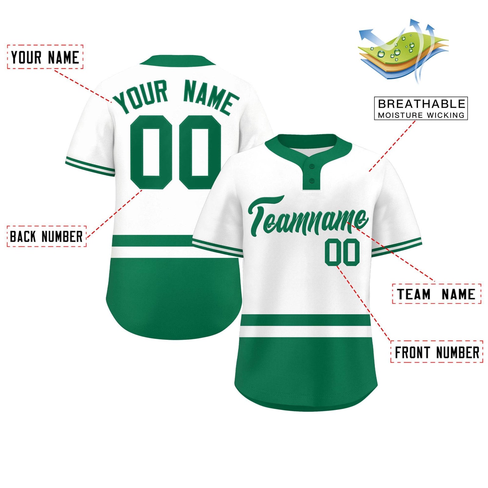 Custom White Kelly Green Color Block Personalized Authentic Two-Button Softball Jersey