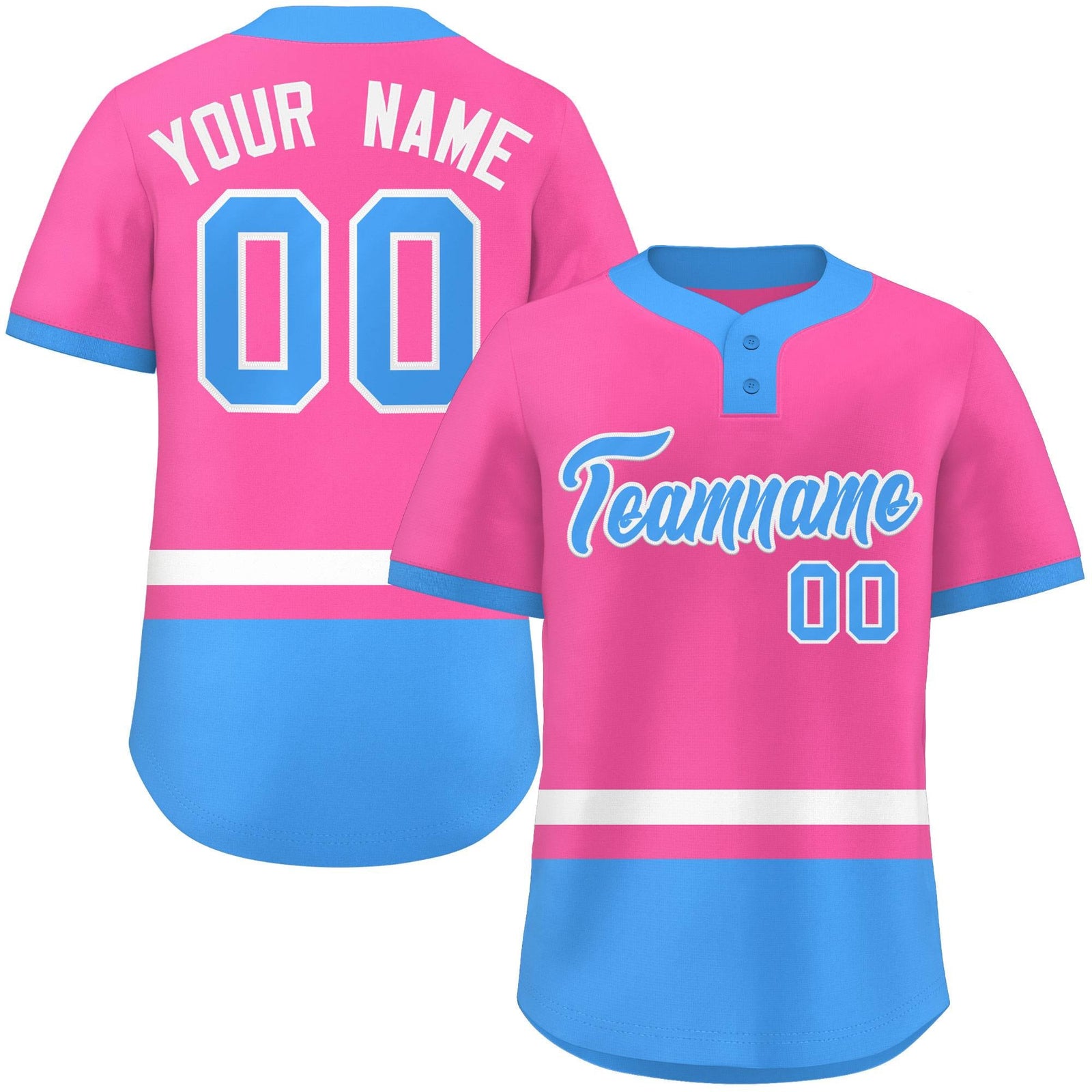 Custom Pink White-Powder Blue Color Block Personalized Authentic Two-Button Softball Jersey