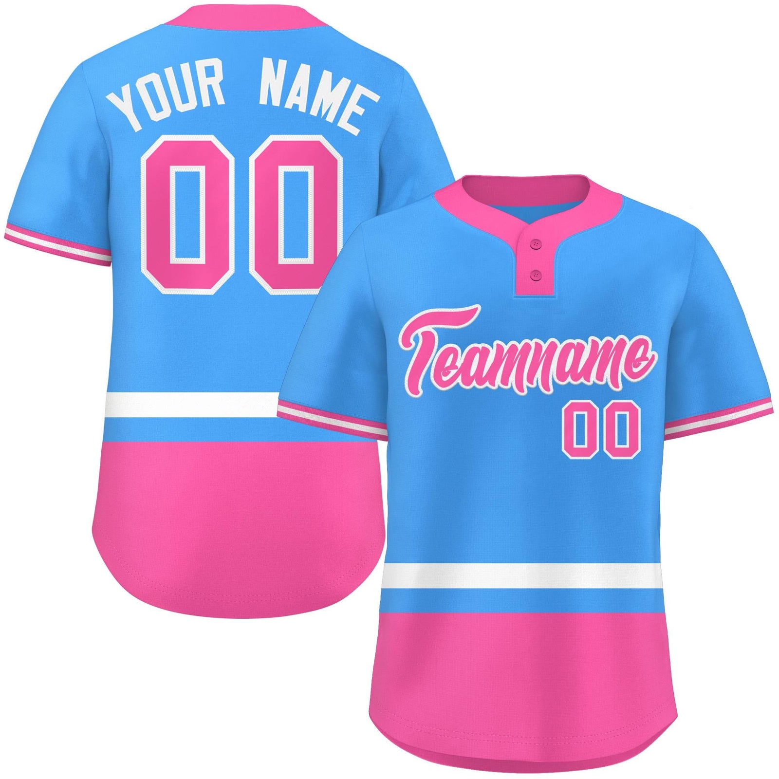 Custom Powder Blue White-Pink Color Block Personalized Authentic Two-Button Softball Jersey