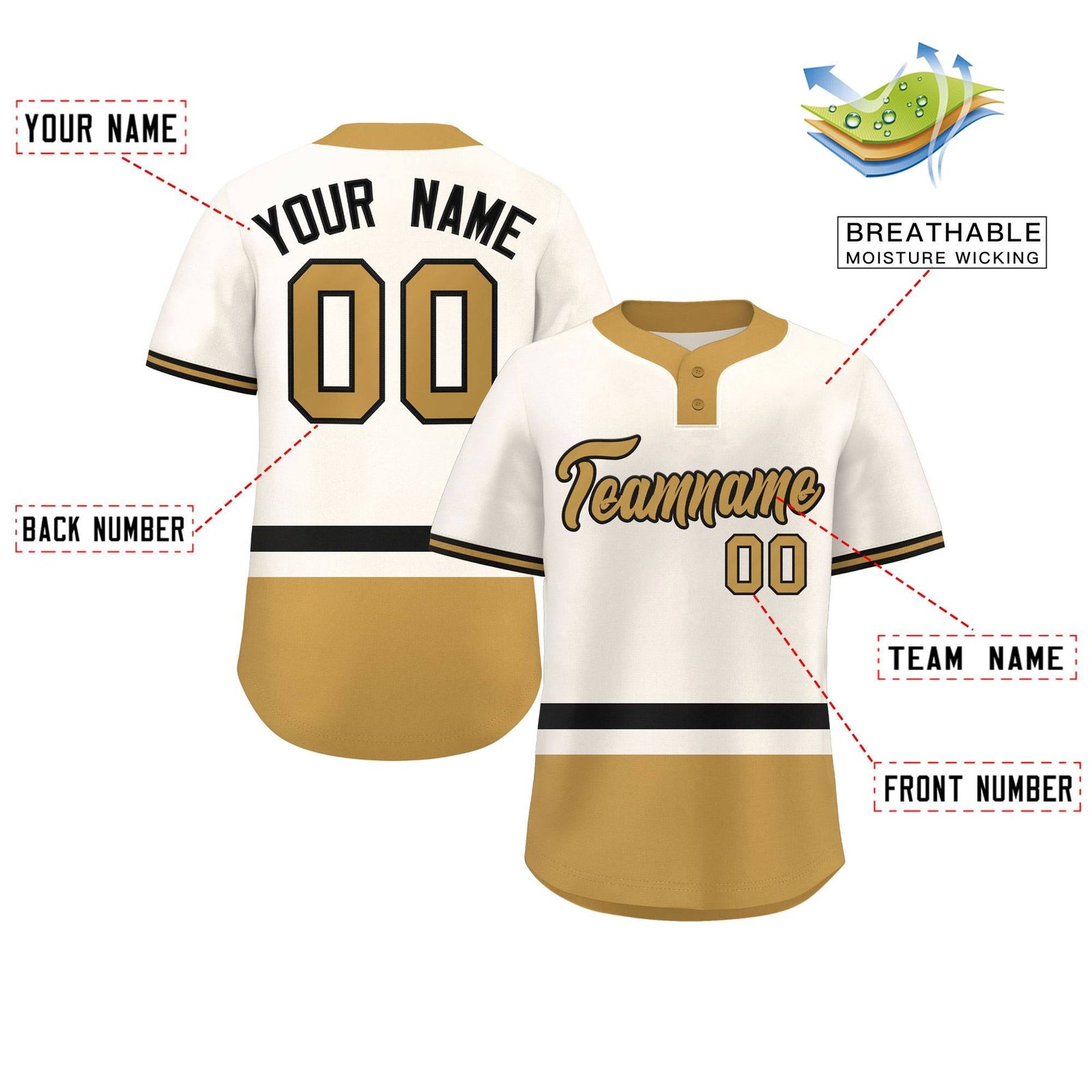 Custom Cream Black-Old Gold Color Block Personalized Authentic Two-Button Softball Jersey