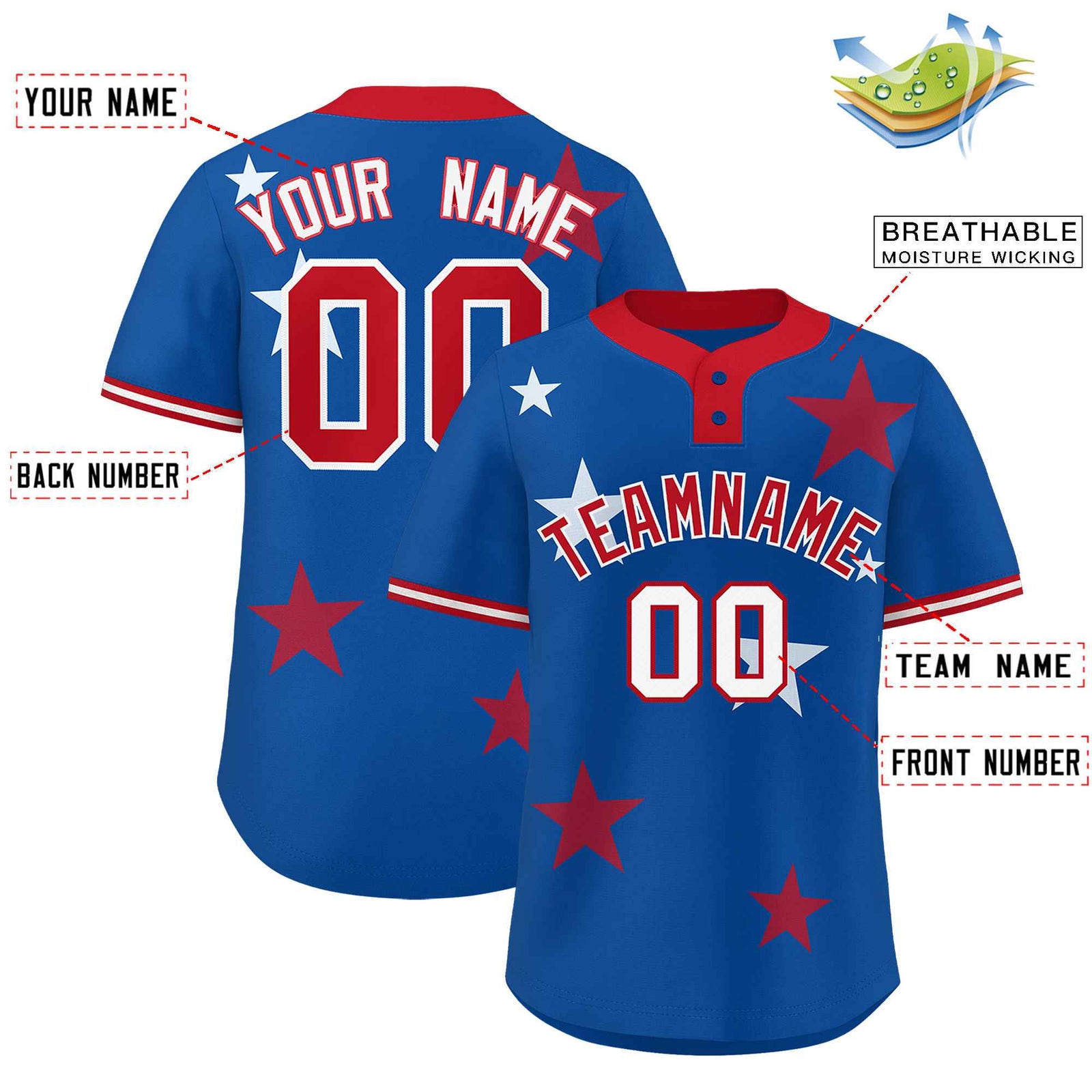 Custom Royal Red Personalized Star Graffiti Pattern Authentic Two-Button Baseball Jersey