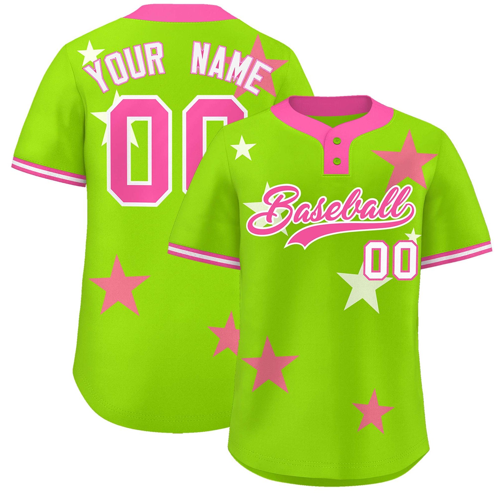 Custom Neon Green Pink Personalized Star Graffiti Pattern Authentic Two-Button Baseball Jersey
