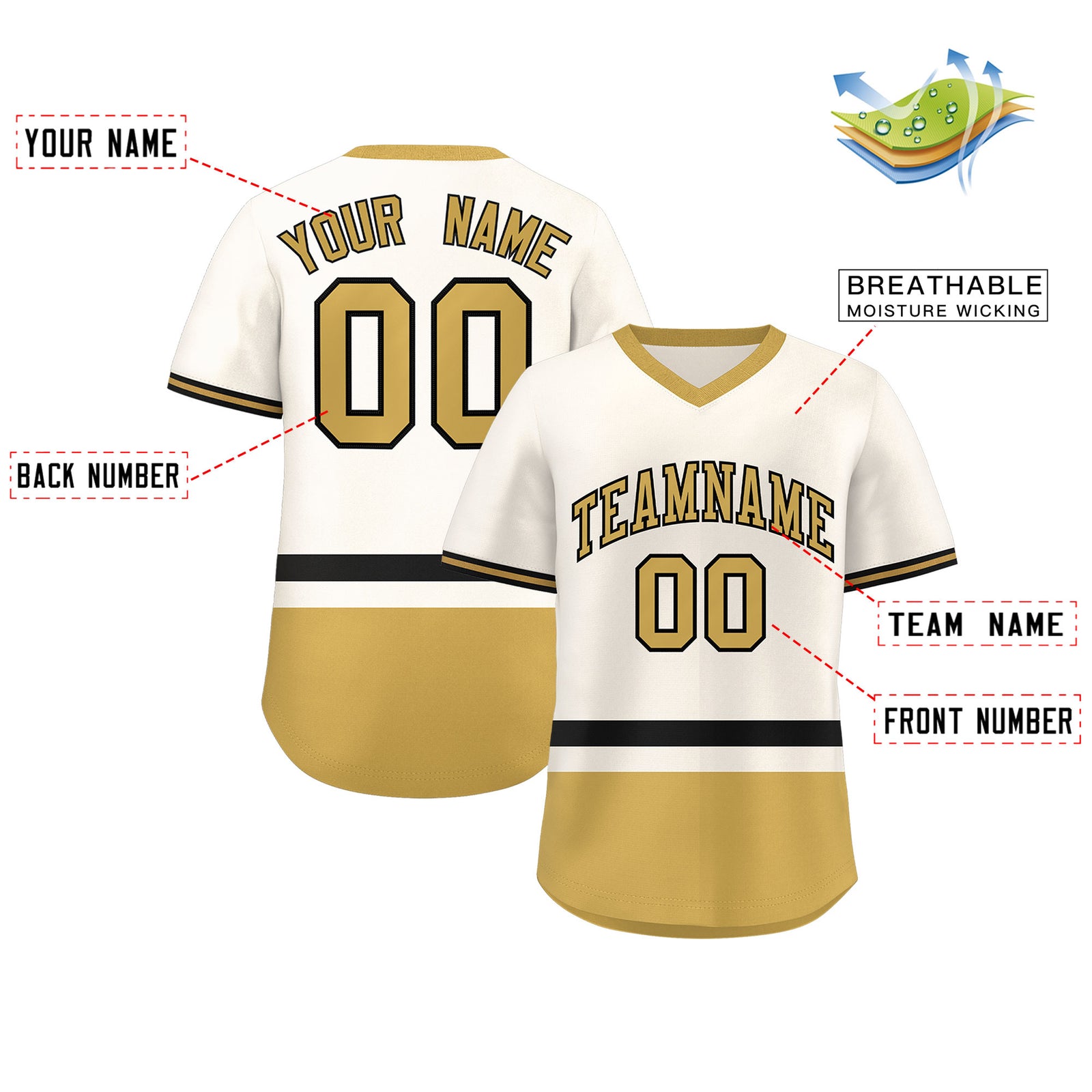 Custom Cream Black-Old Gold Color Block Personalized V-Neck Authentic Pullover Baseball Jersey