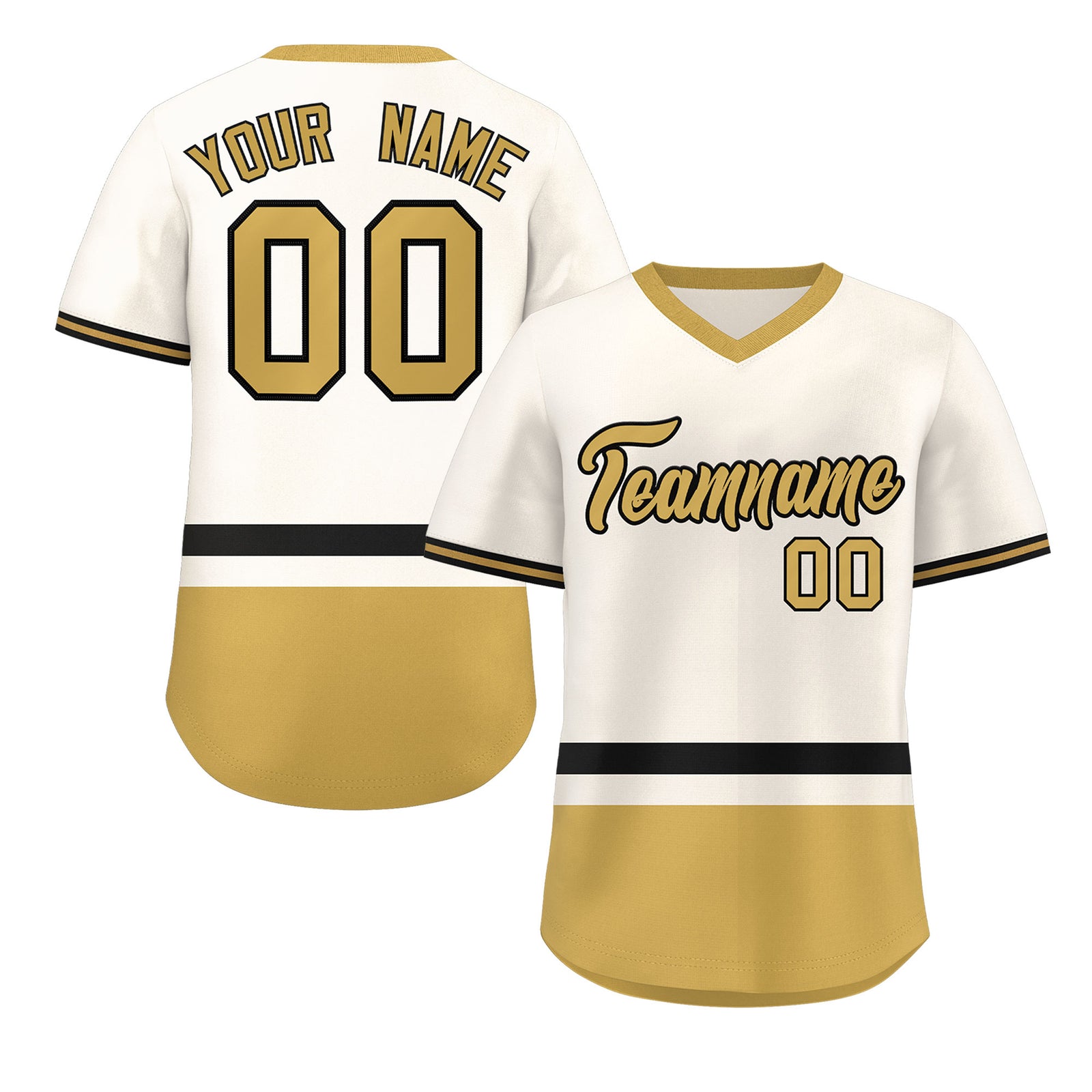 Custom Cream Black-Old Gold Color Block Personalized V-Neck Authentic Pullover Baseball Jersey
