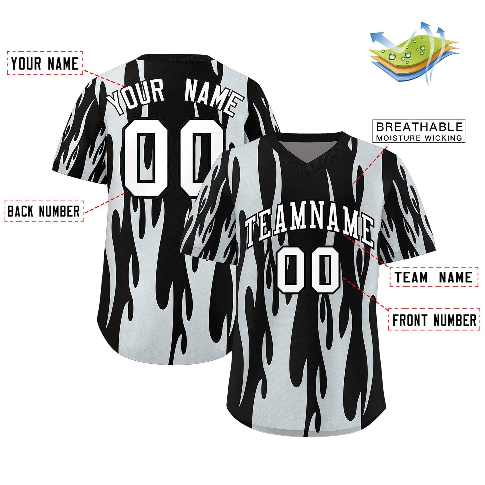 Custom Black Silver Flame Pattern Authentic Pullover Baseball Jersey