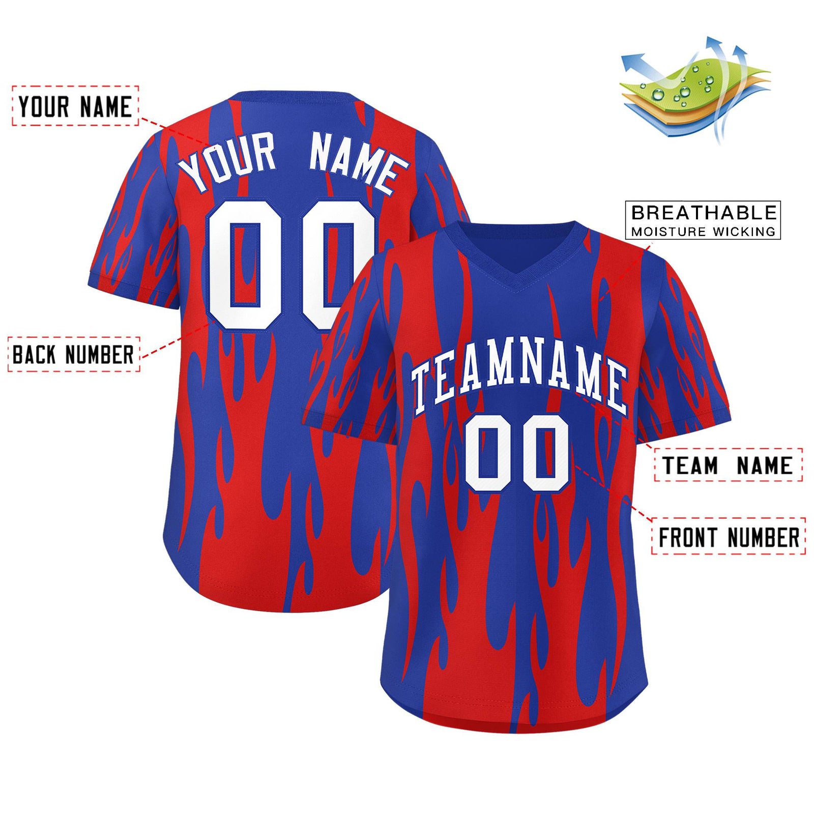 Custom Royal Red Flame Pattern Authentic Pullover Baseball Jersey