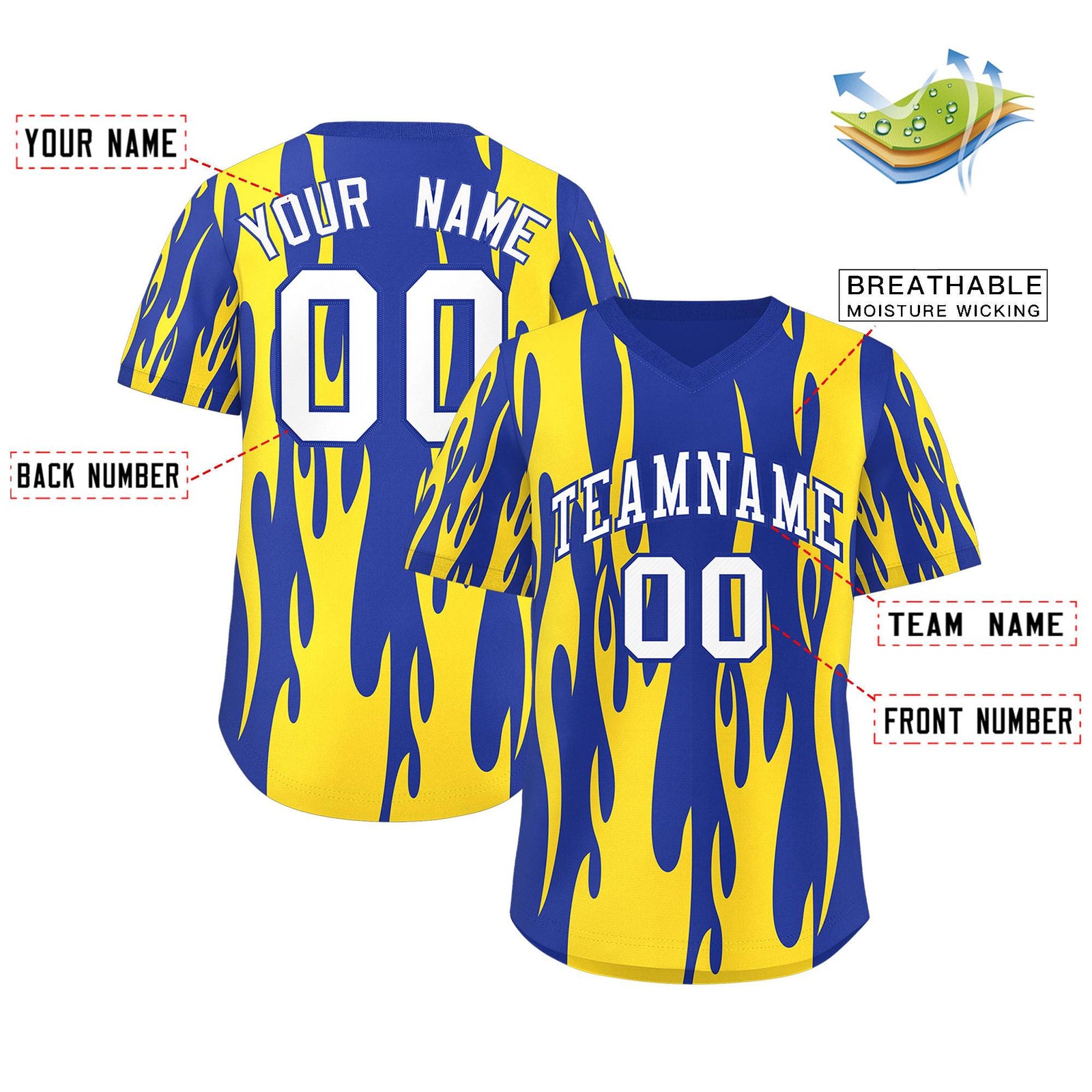 Custom Royal Gold Flame Pattern Authentic Pullover Baseball Jersey