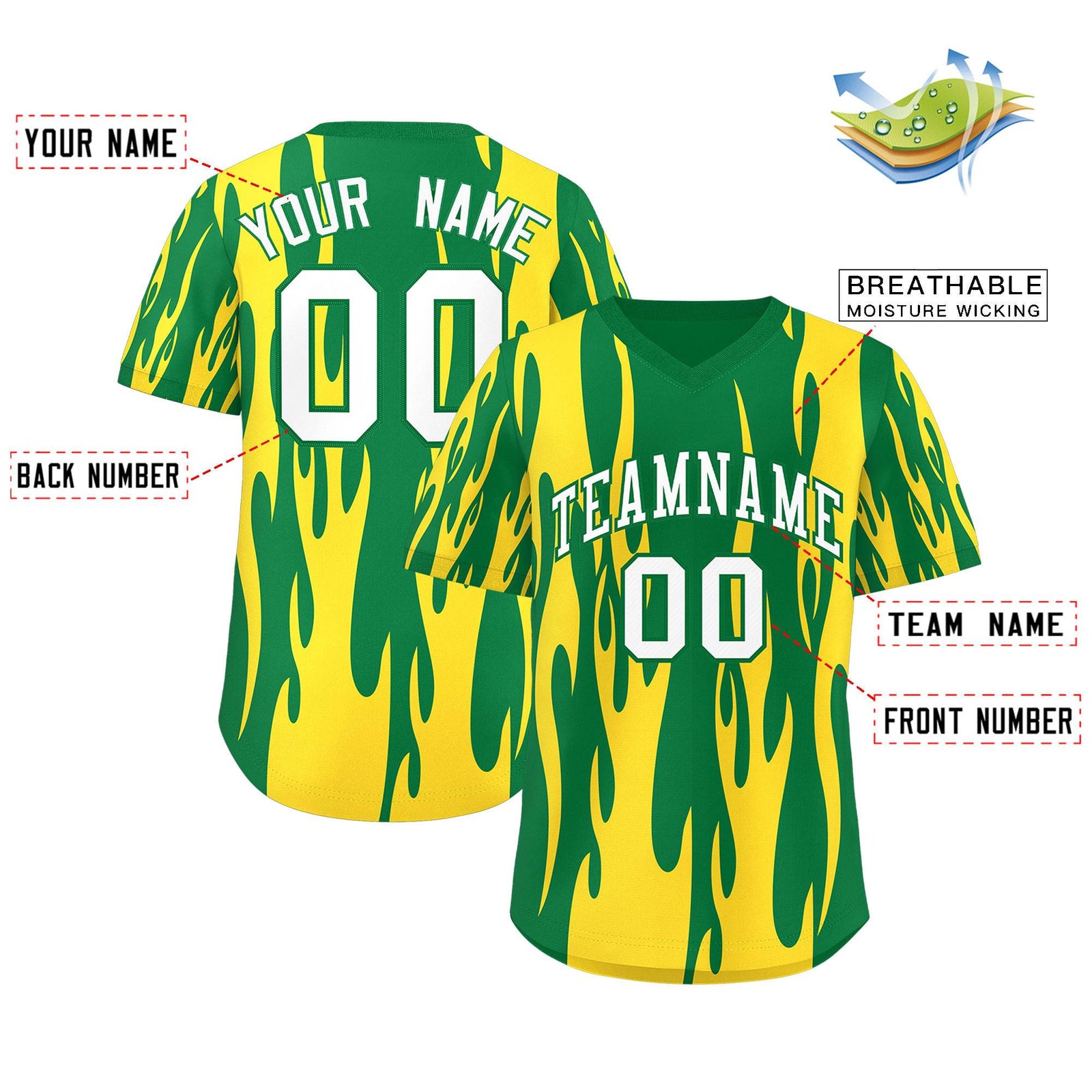 Custom Kelly Green Gold Flame Pattern Authentic Pullover Baseball Jersey