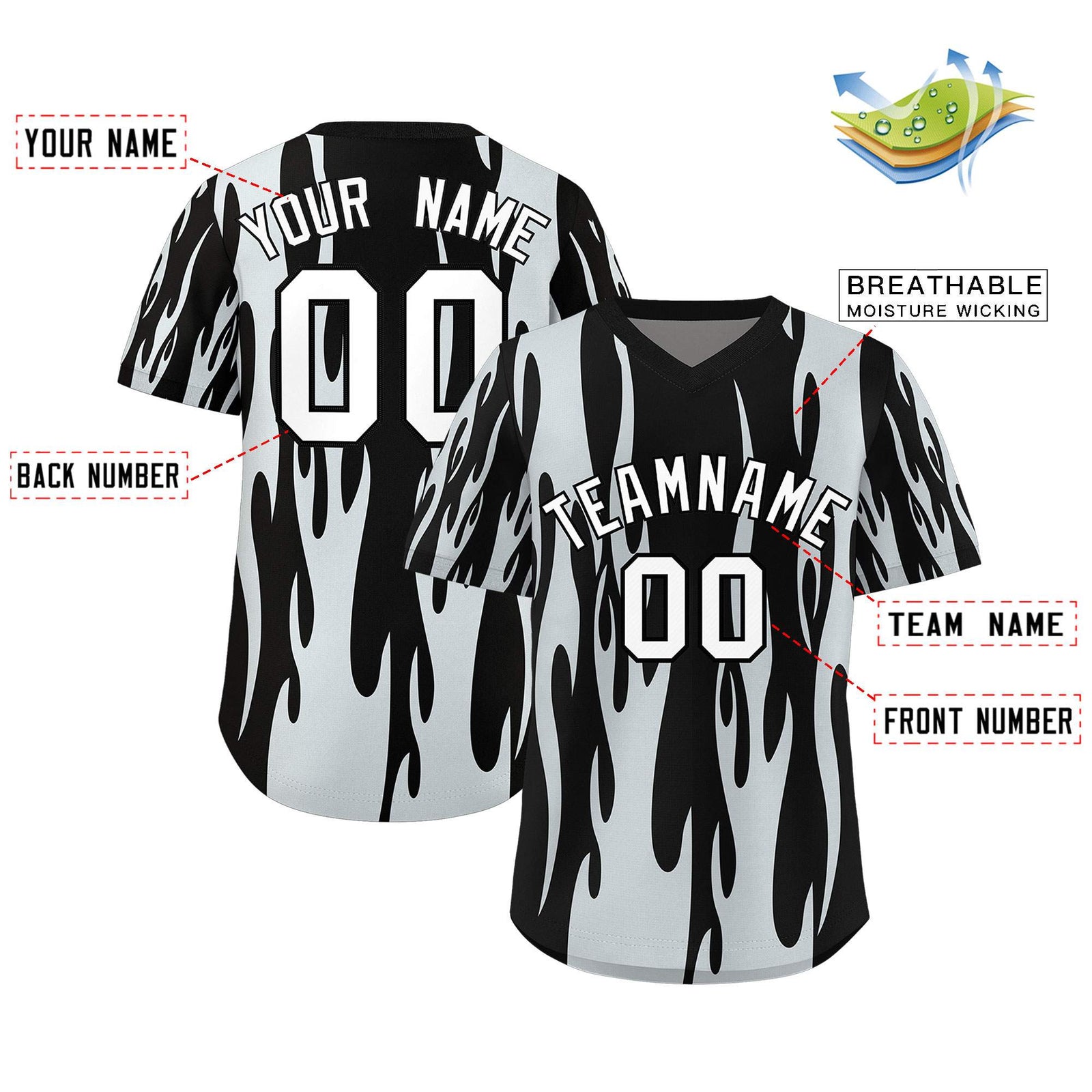 Custom Black Silver Flame Pattern Authentic Pullover Baseball Jersey