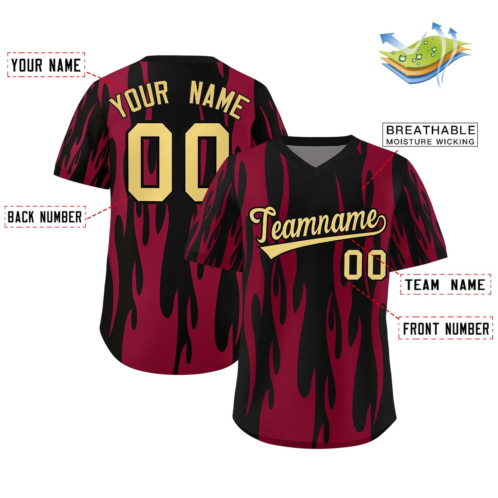 Custom Black Crimson Flame Pattern Authentic Pullover Baseball Jersey