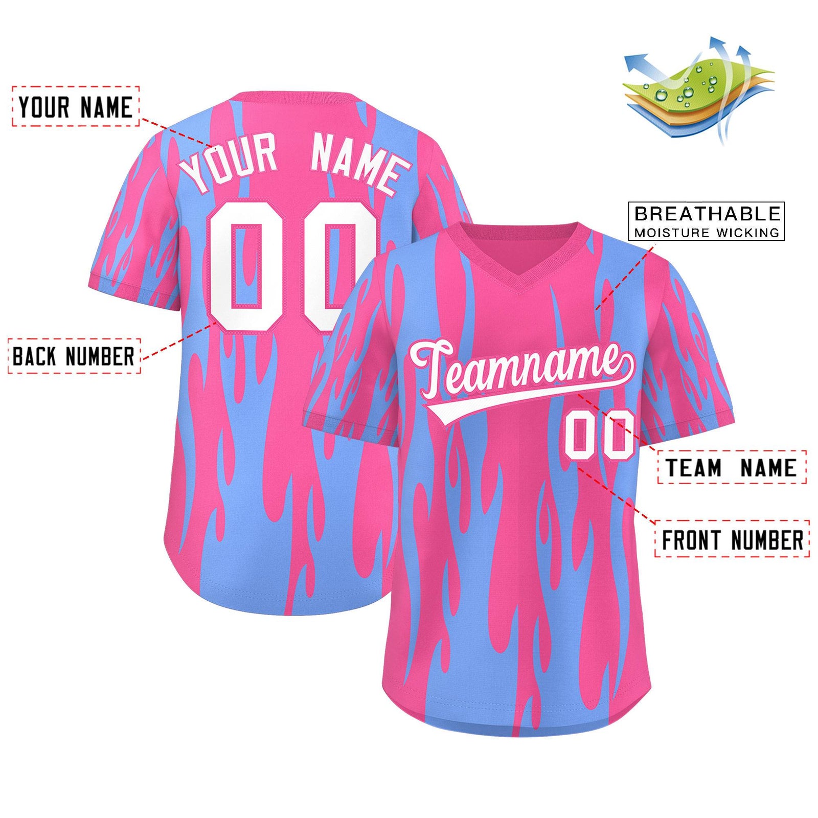 Custom Pink Light Blue Flame Pattern Authentic Pullover Baseball Jersey