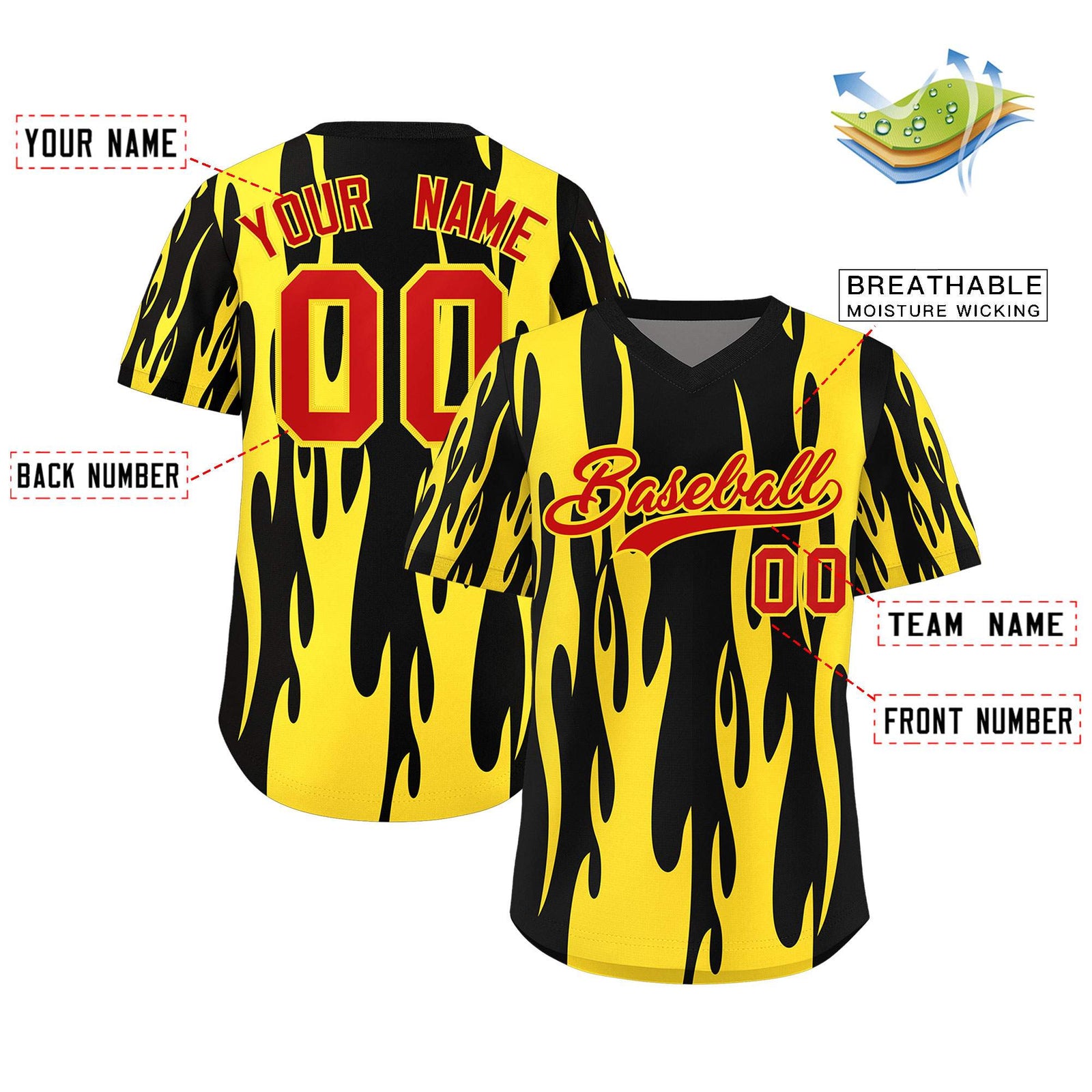 Custom Black Gold Flame Pattern Authentic Pullover Baseball Jersey