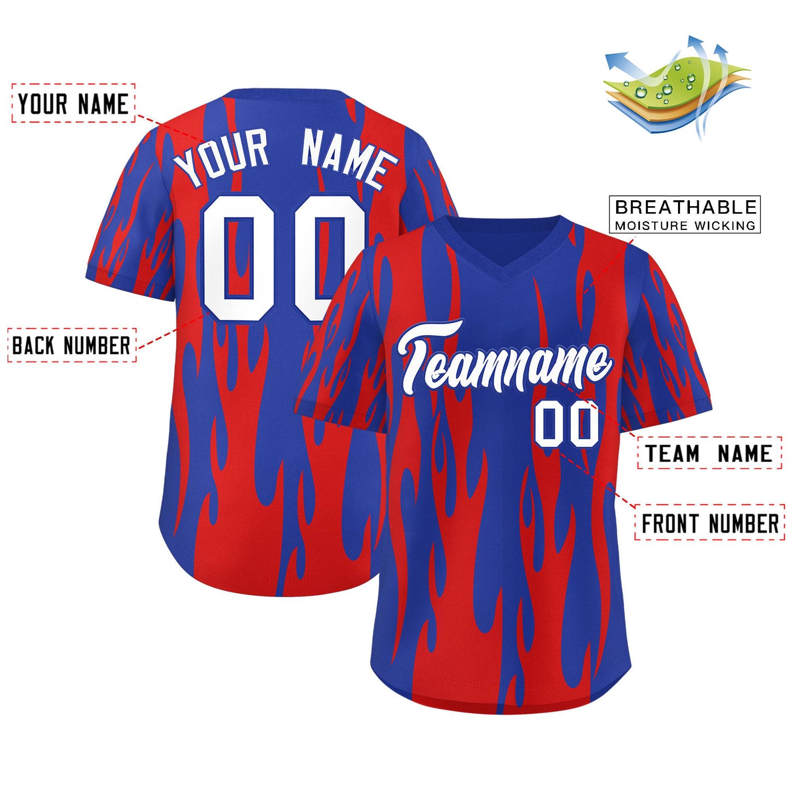 Custom Royal Red Flame Pattern Authentic Pullover Baseball Jersey
