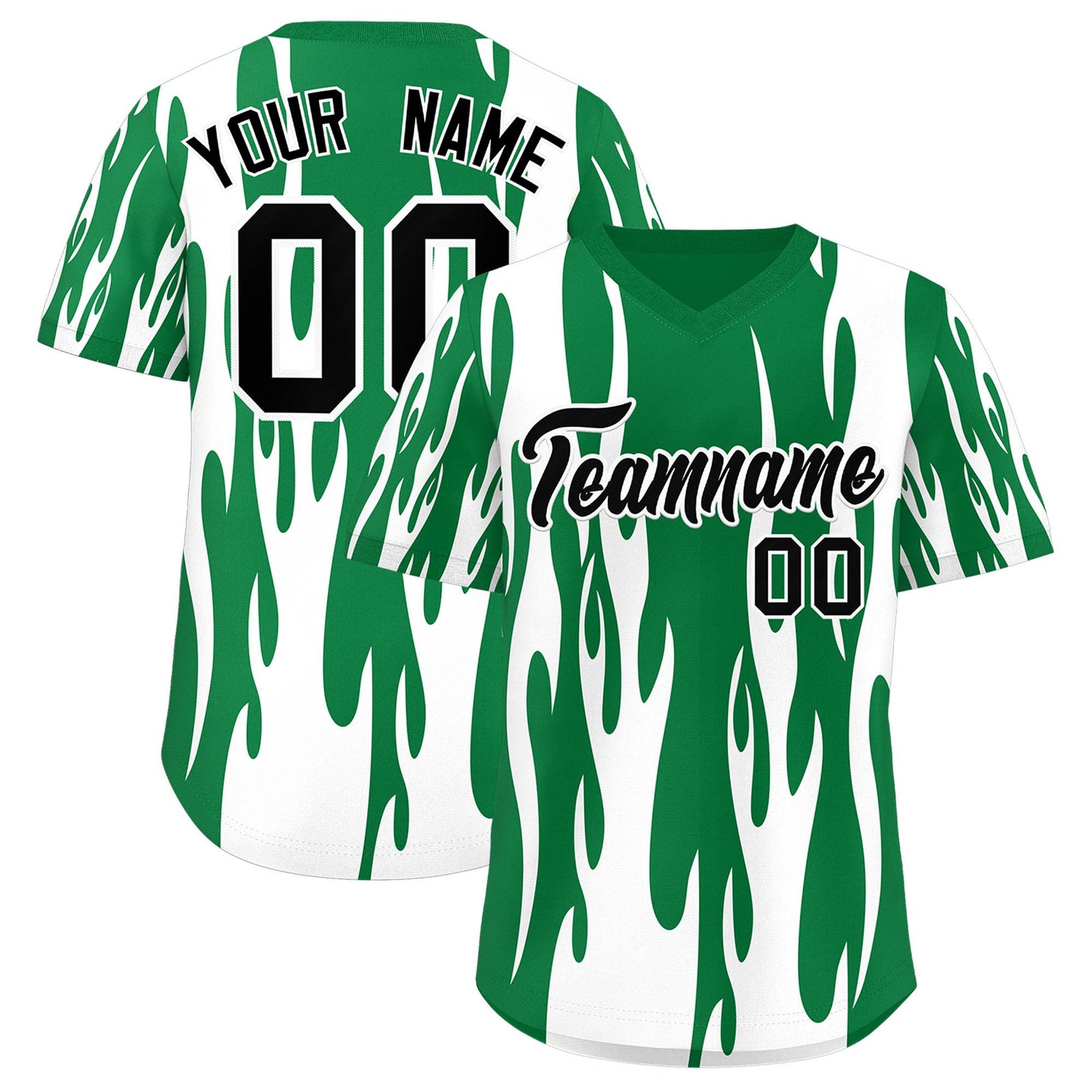 Custom Kelly Green White Flame Pattern Authentic Pullover Baseball Jersey