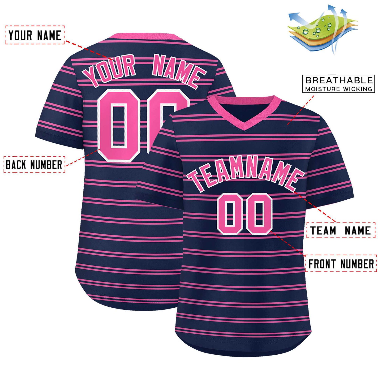 Custom Navy Pink Personalized Horizontal Stripe Authentic Pullover Baseball Jersey