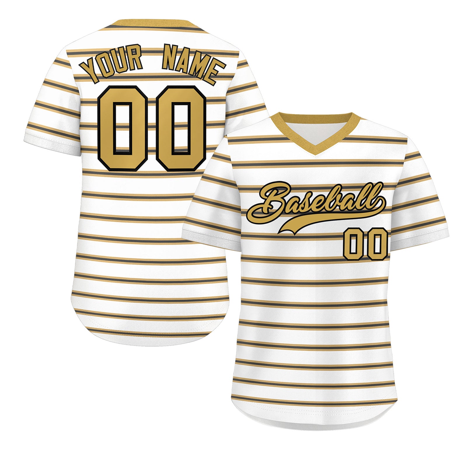 Custom White Old Gold-Black Personalized Horizontal Stripe Authentic Pullover Baseball Jersey