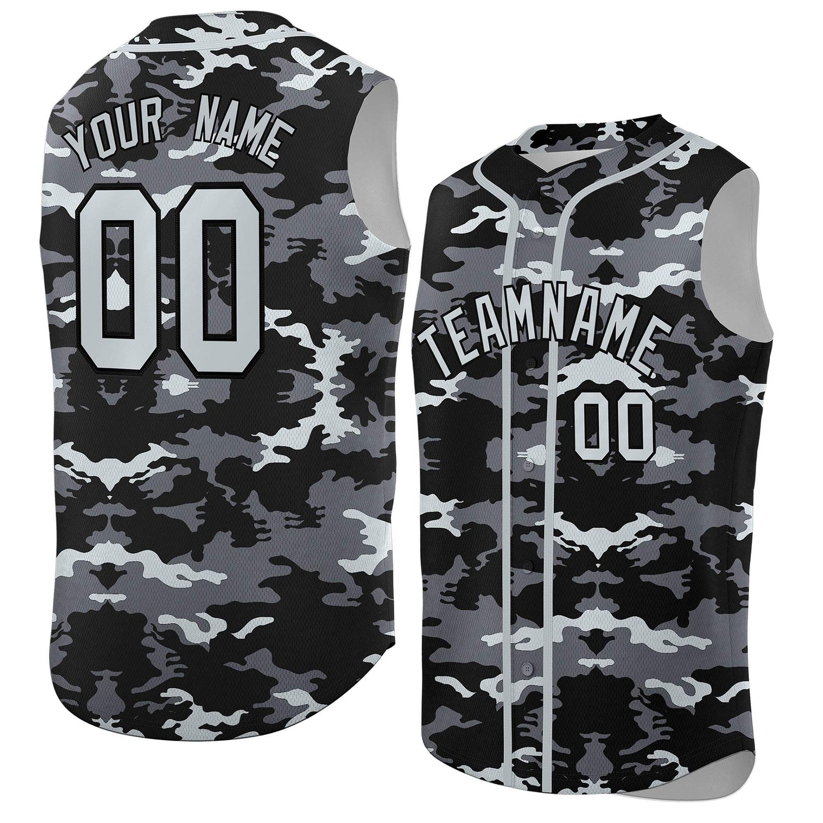 Custom Black Gray and Silver Camo Fashion Authentic Sleeveless Baseball Jersey