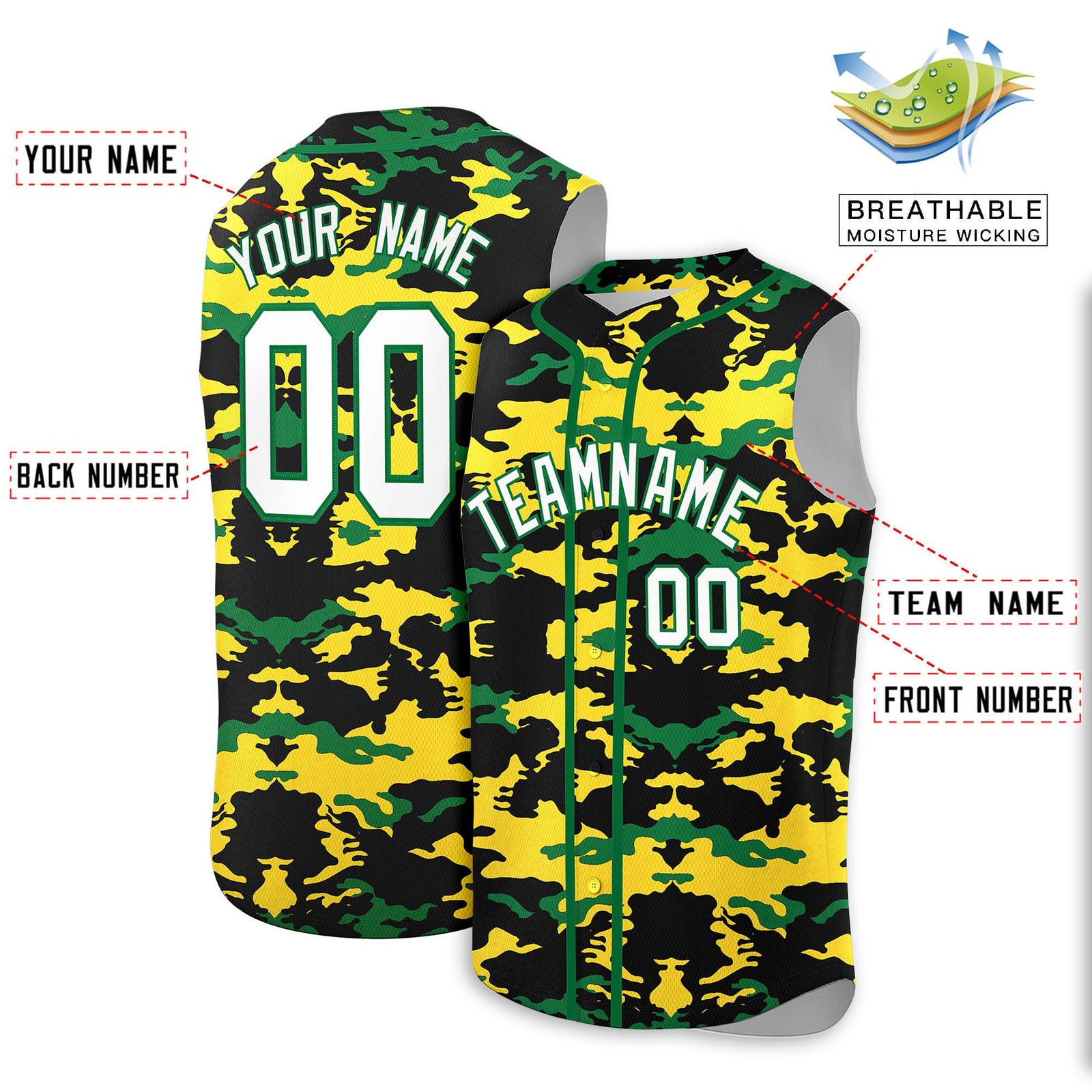 Custom Black Gold and Kelly Green Camo Fashion Authentic Sleeveless Baseball Jersey