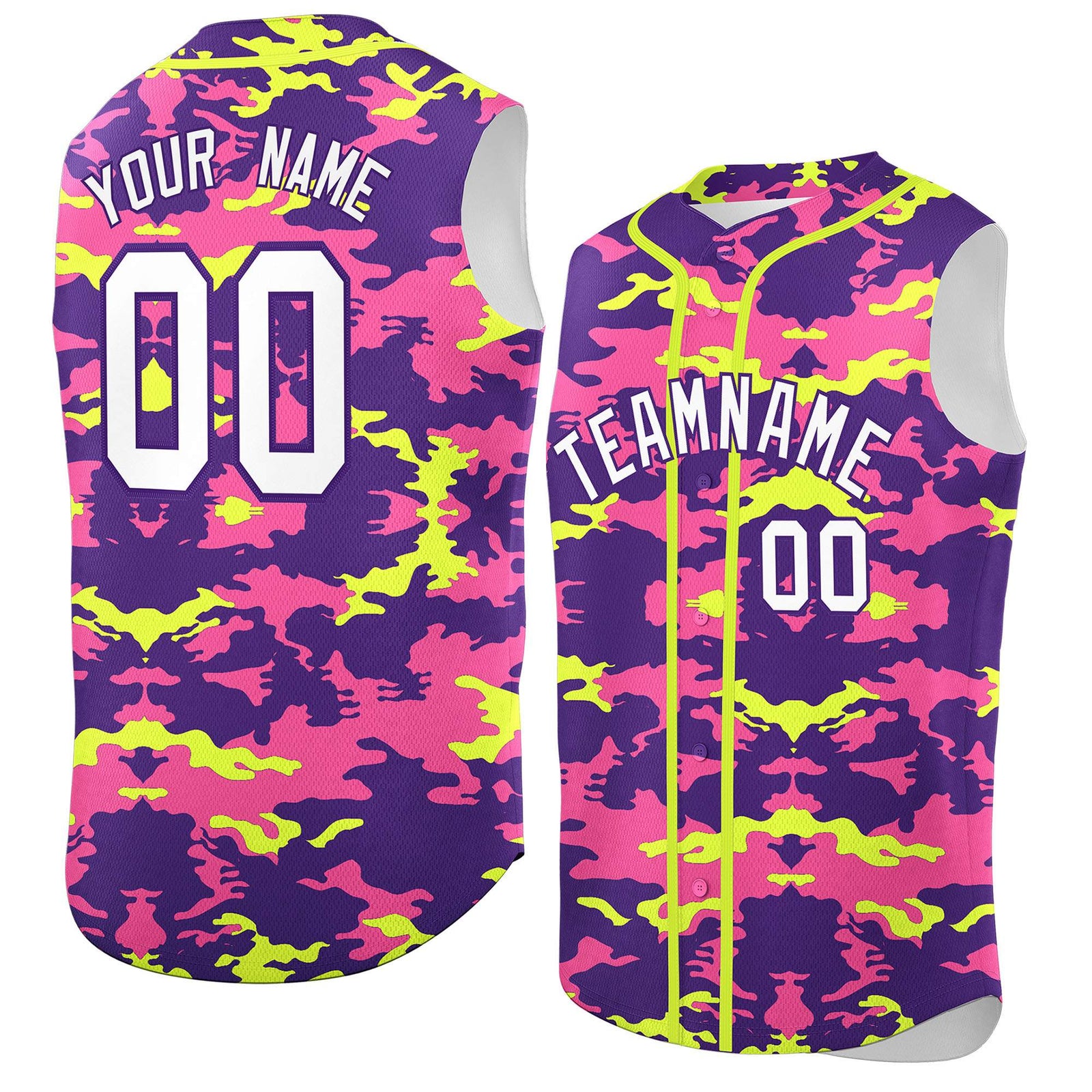 Custom Purple Pink and Fluorescent Green Camo Fashion Authentic Sleeveless Baseball Jersey