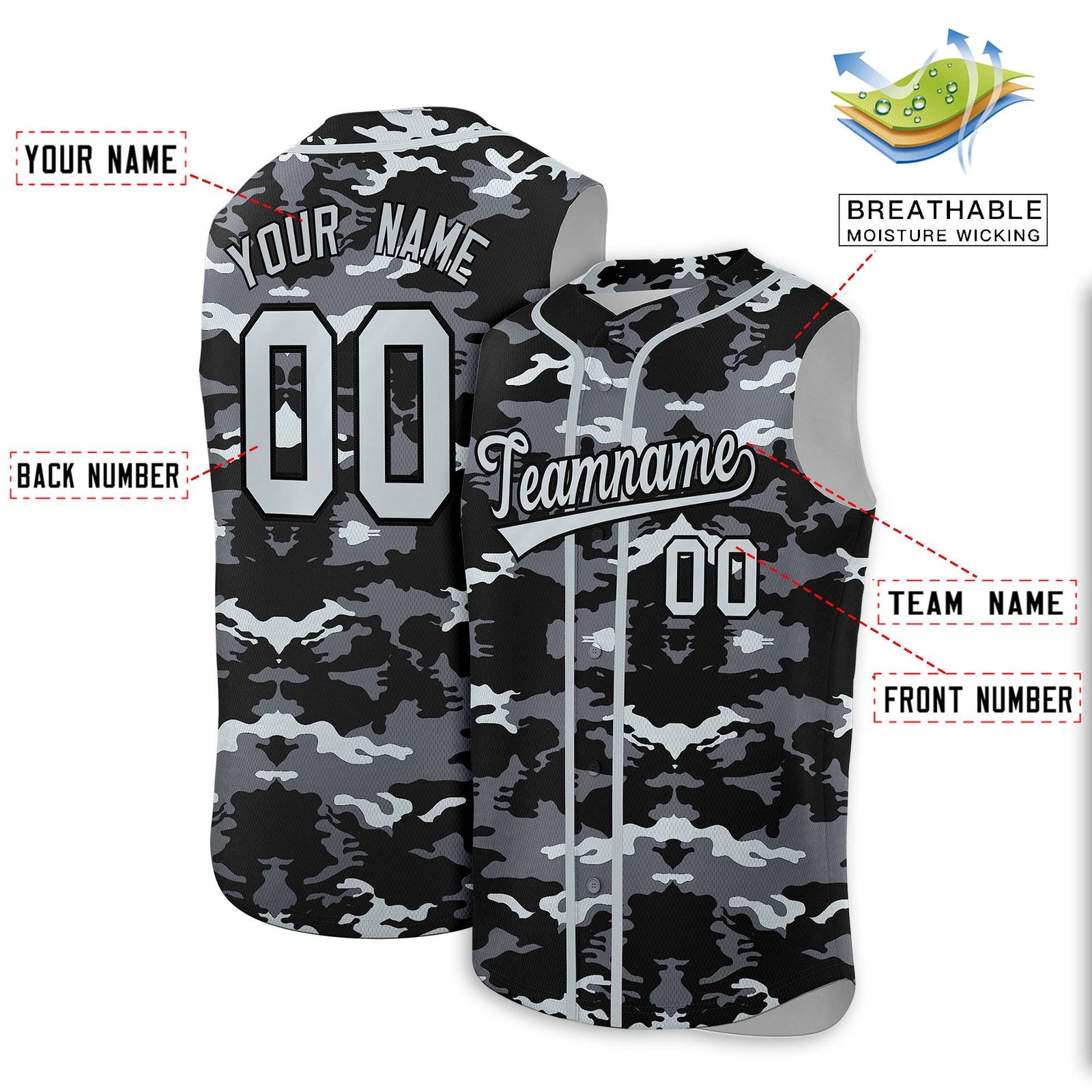 Custom Black Gray and Silver Camo Fashion Authentic Sleeveless Baseball Jersey