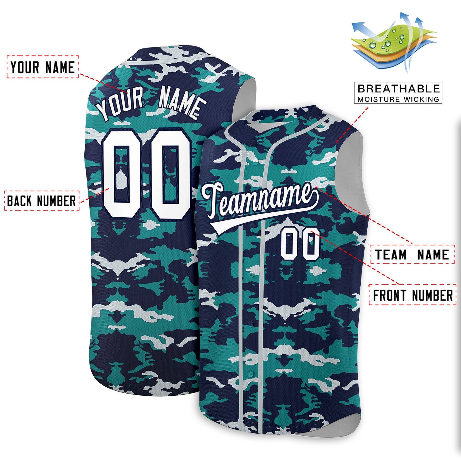 Custom Navy Aqua and Silver Camo Fashion Authentic Sleeveless Baseball Jersey