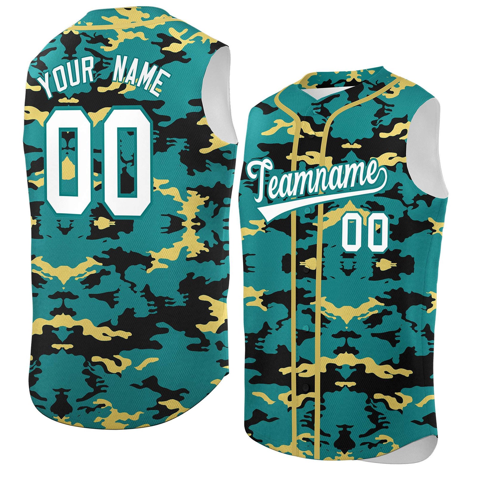 Custom Aqua Black and Khaki Camo Fashion Authentic Sleeveless Baseball Jersey