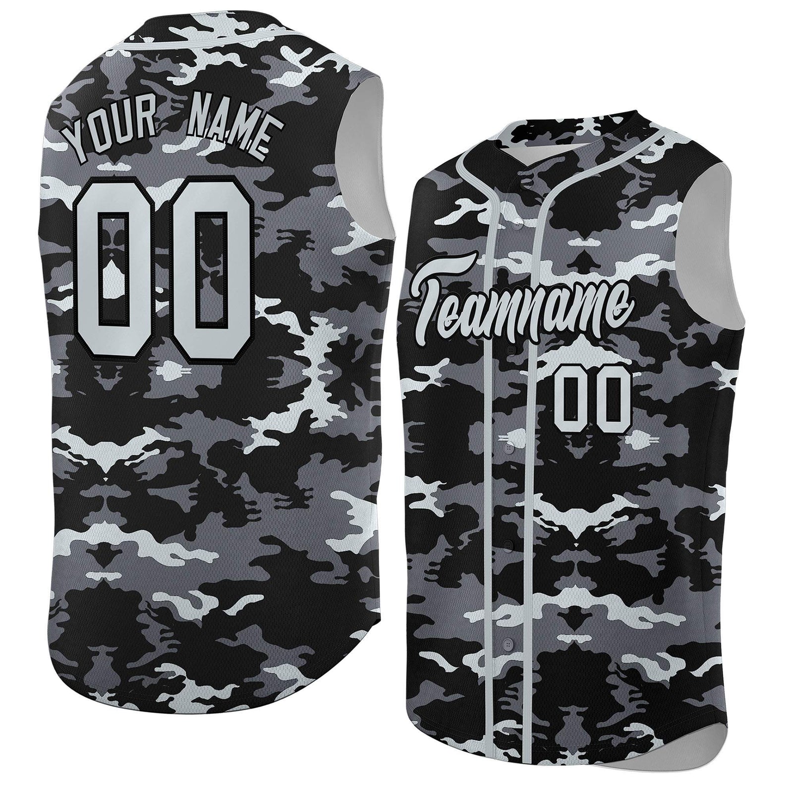 Custom Black Gray and Silver Camo Fashion Authentic Sleeveless Baseball Jersey