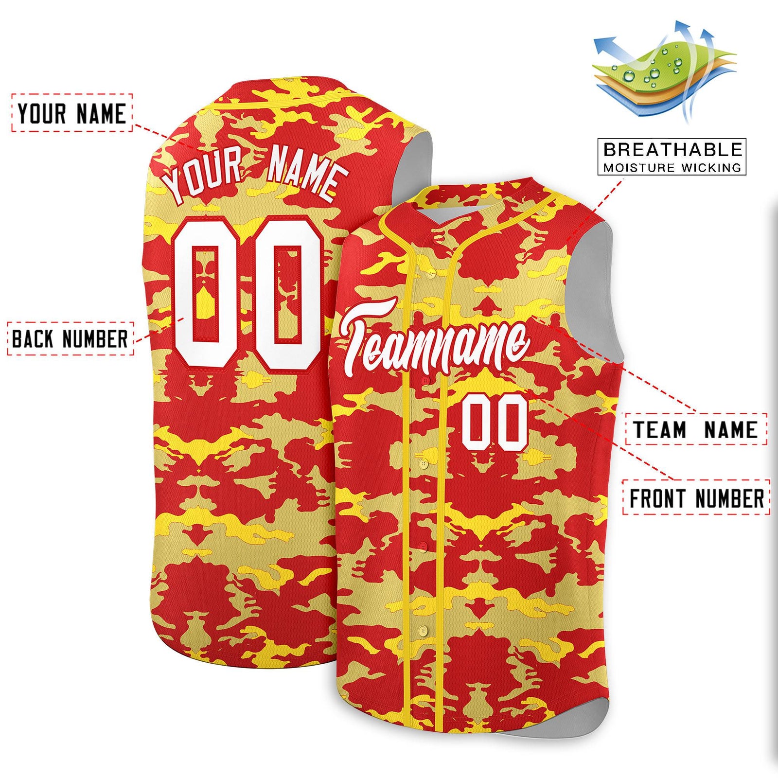 Custom Red Old Gold and Gold Camo Fashion Authentic Sleeveless Baseball Jersey