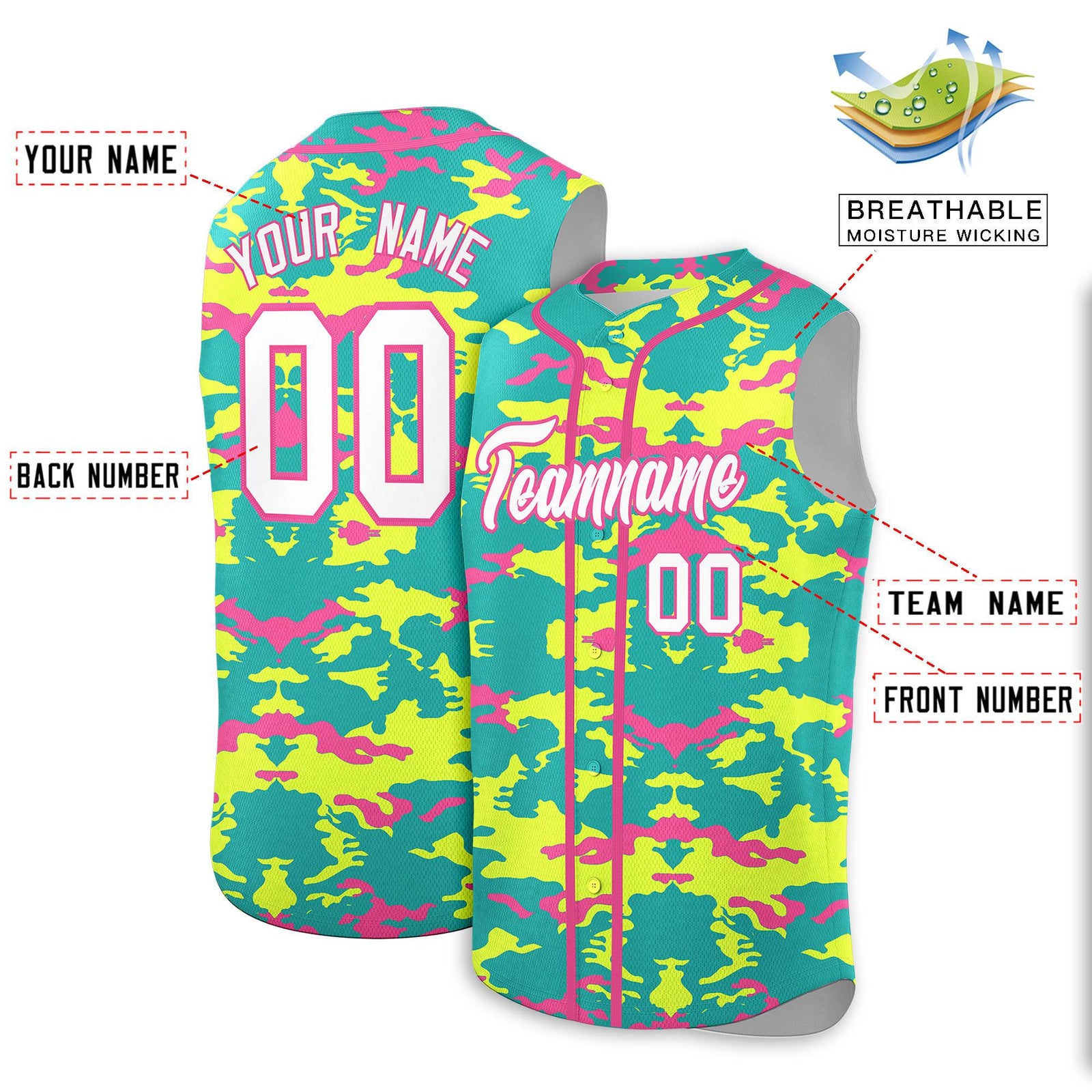 Custom Bright Green Fluorescent Green and Pink Camo Fashion Authentic Sleeveless Baseball Jersey