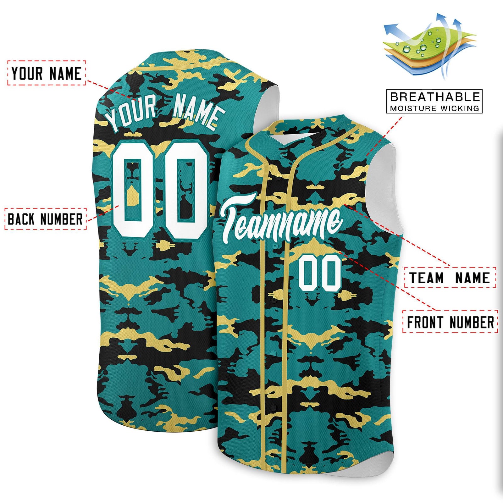Custom Aqua Black and Khaki Camo Fashion Authentic Sleeveless Baseball Jersey