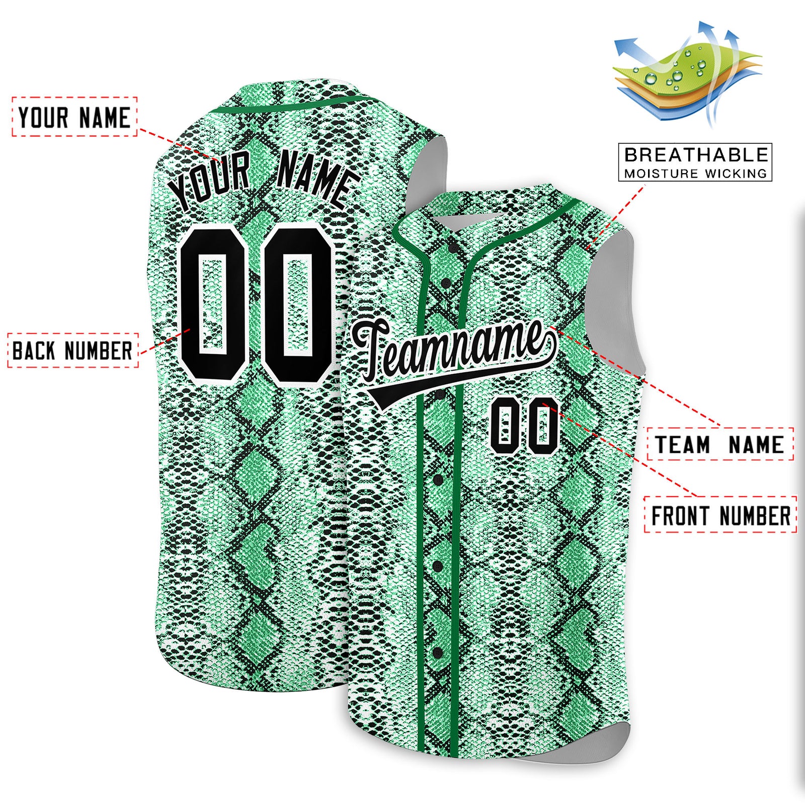 Custom Kelly Green Snakeskin Pattern Authentic Sleeveless Baseball Jersey