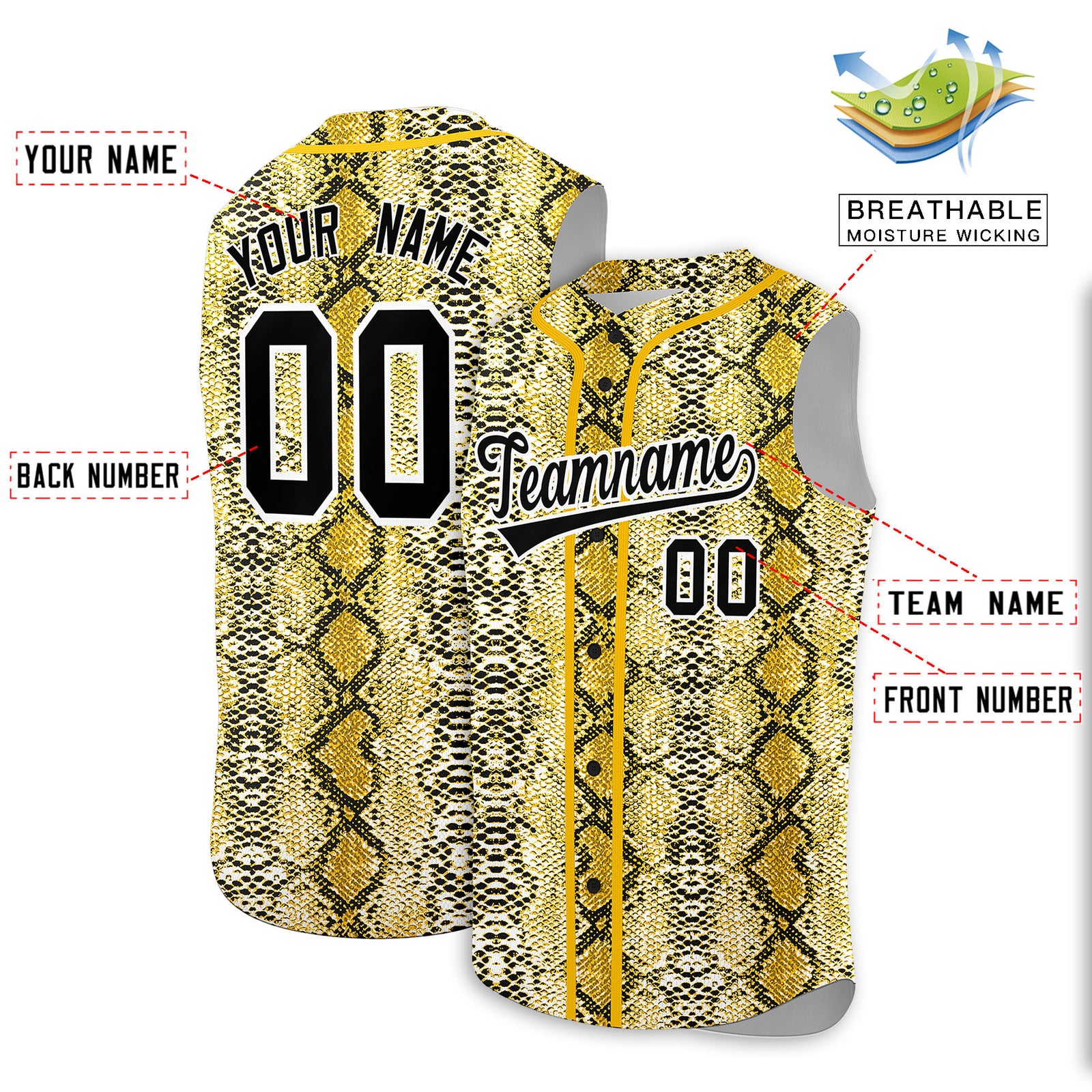 Custom Gold Snakeskin Pattern Authentic Sleeveless Baseball Jersey