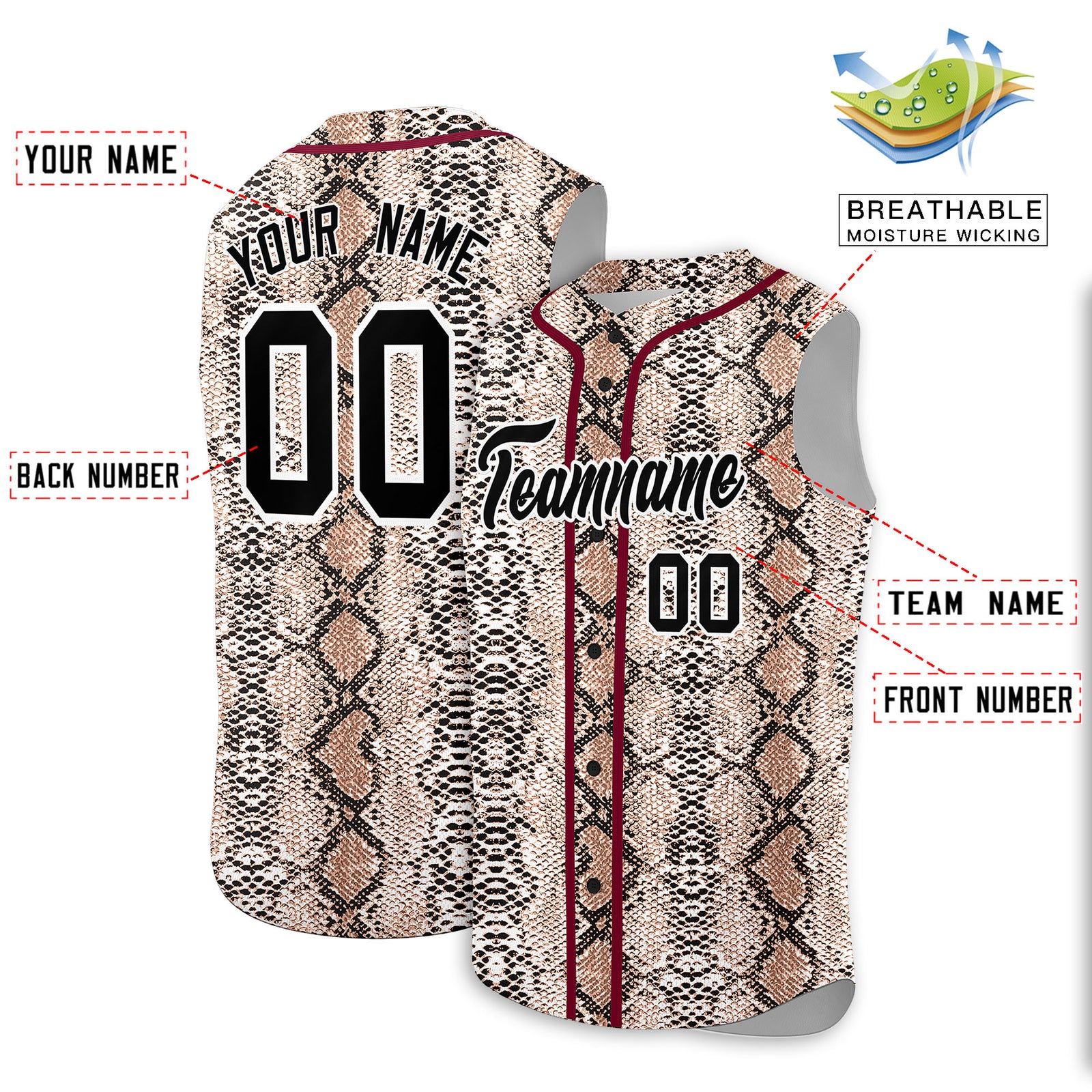 Custom Crimson Snakeskin Pattern Authentic Sleeveless Baseball Jersey