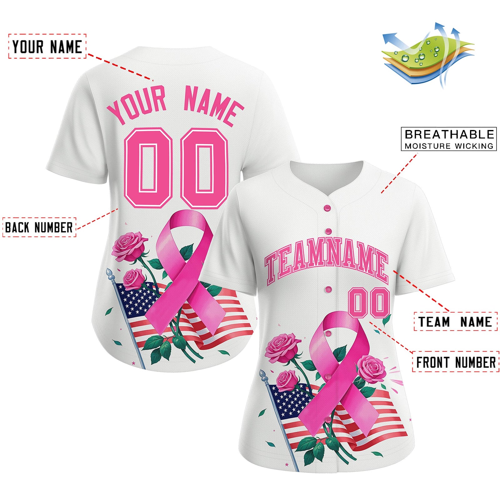Custom White Pink Breast Cancer Awareness Month Pink Ribbon Authentic Baseball Jersey for Women