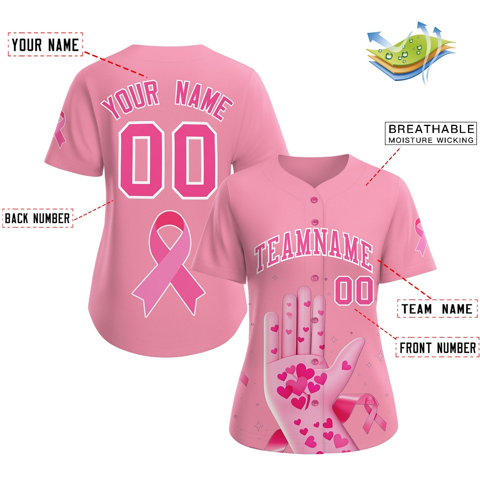 Custom Light Pink Pink Breast Cancer Awareness Month Pink Ribbon Authentic Baseball Jersey for Women