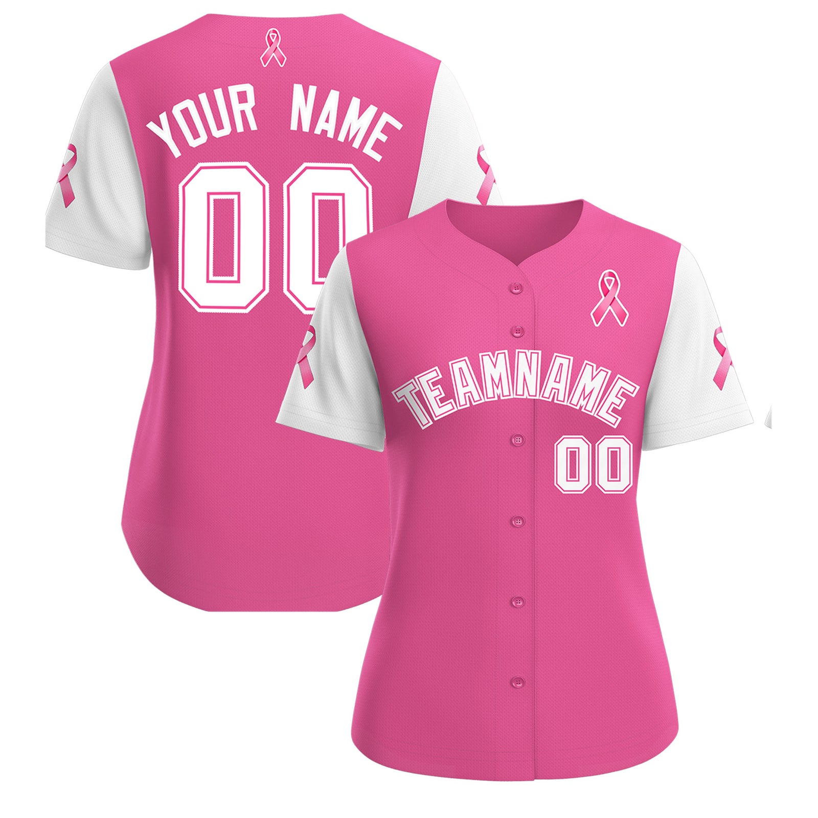 Custom Pink White Breast Cancer Awareness Month Pink Ribbon Authentic Baseball Jersey for Women