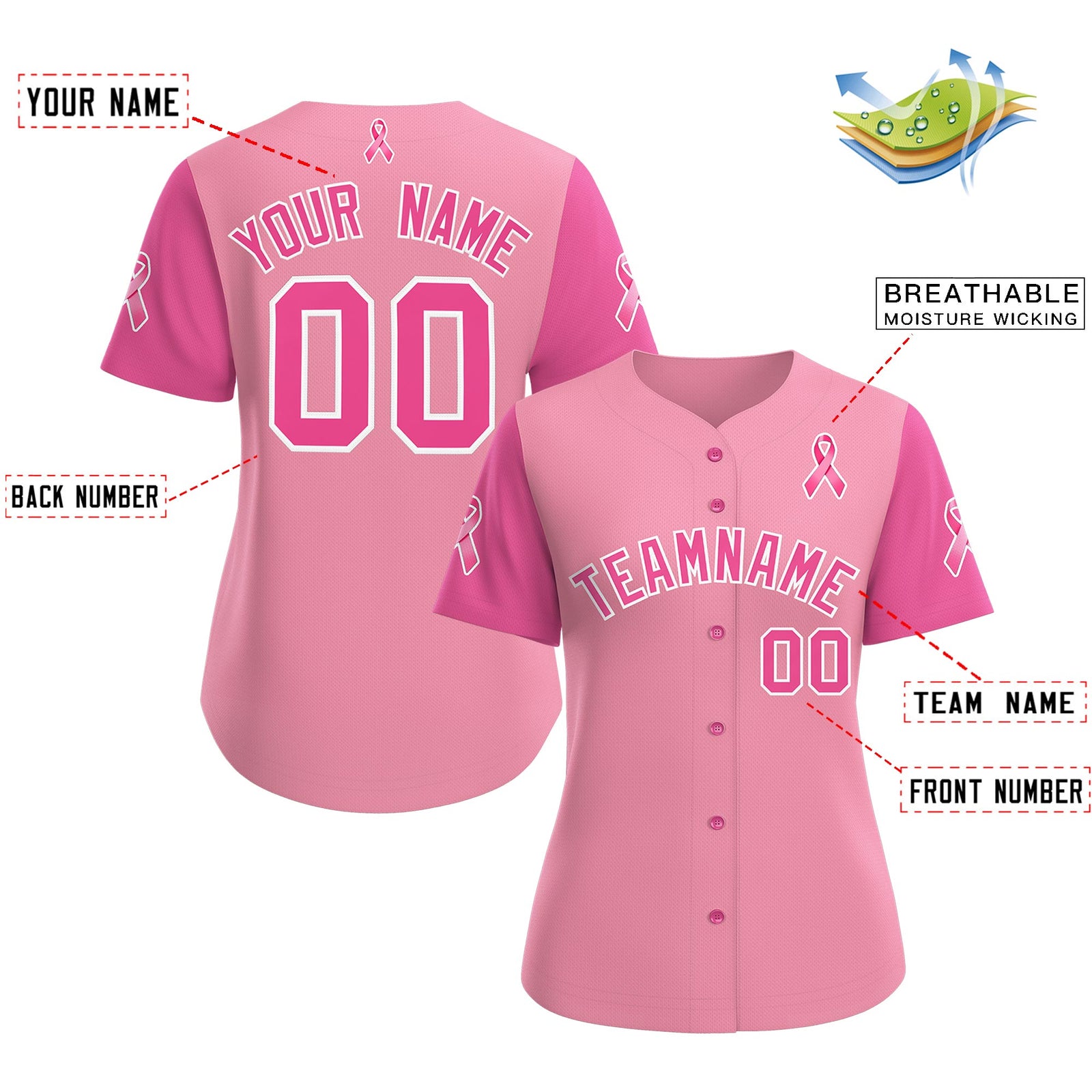 Custom Light Pink Pink Breast Cancer Awareness Month Pink Ribbon Authentic Baseball Jersey for Women