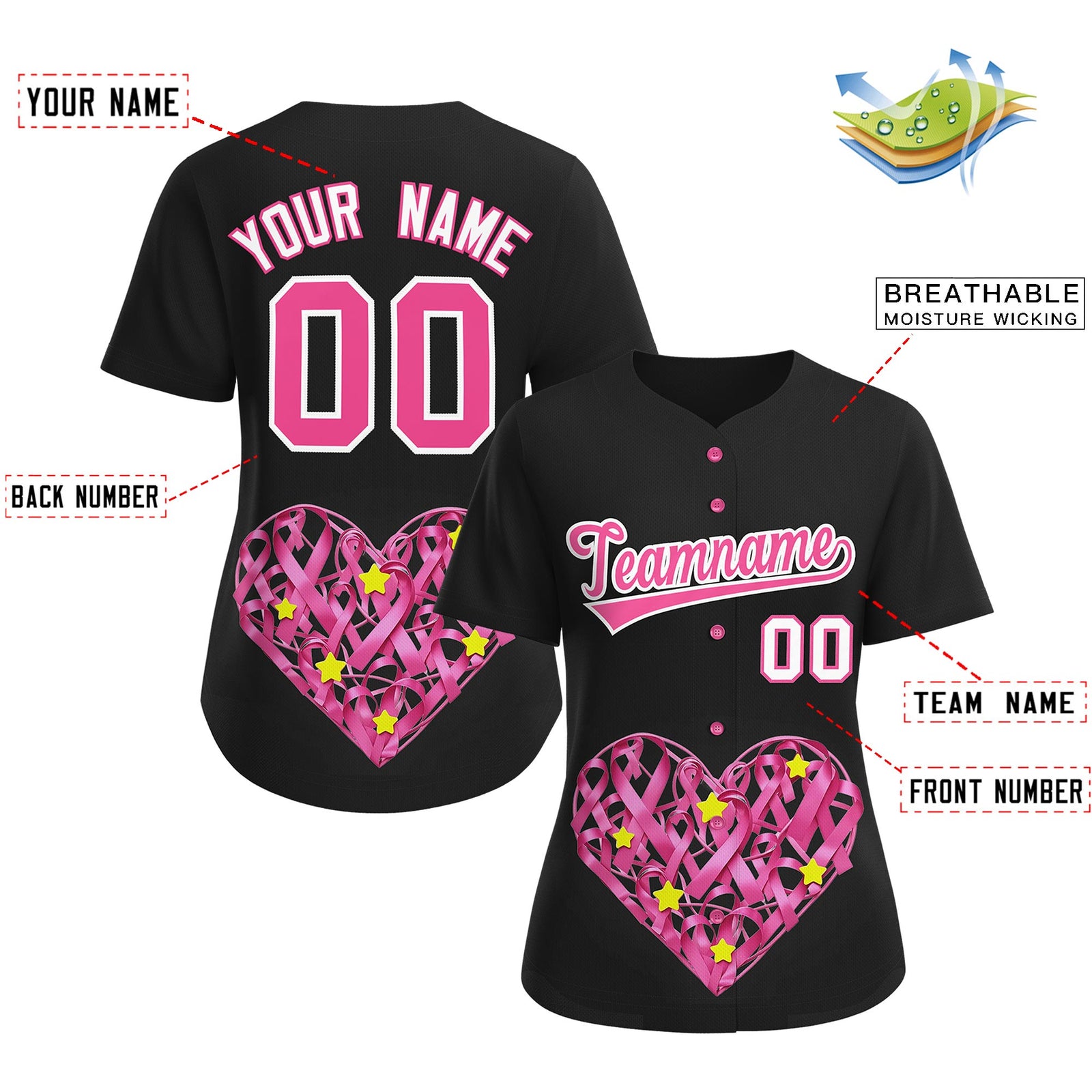 Custom Black Pink Breast Cancer Awareness Month Pink Ribbon Authentic Baseball Jersey for Women| KXKSHOP