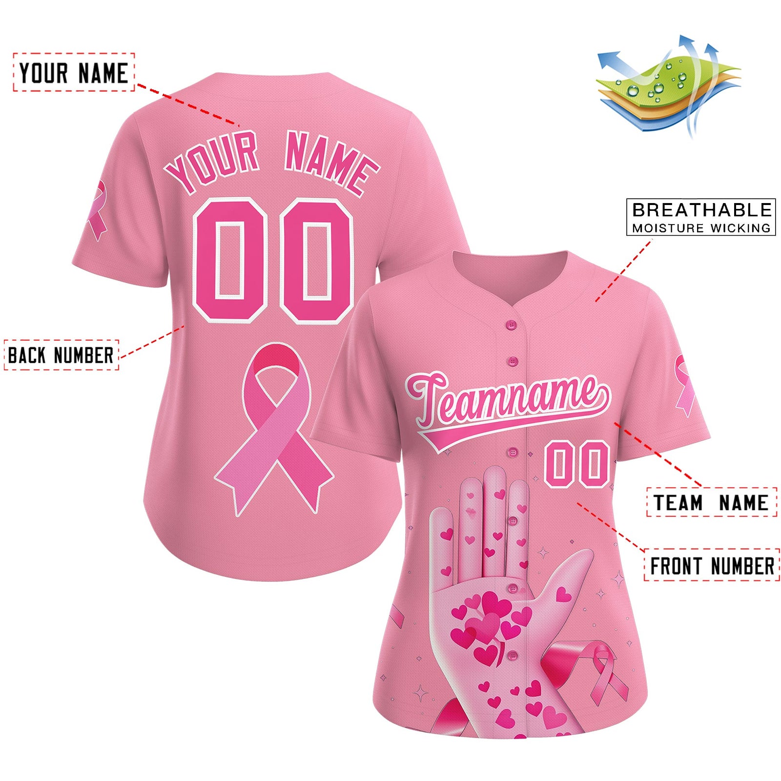 Custom Light Pink Pink Breast Cancer Awareness Month Pink Ribbon Authentic Baseball Jersey for Women| KXKSHOP