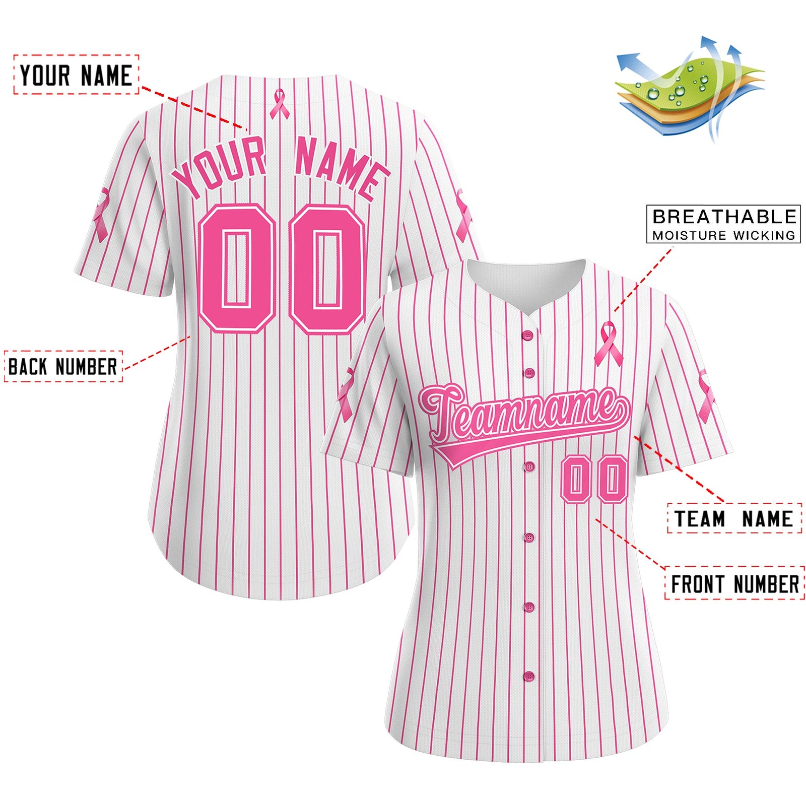 Custom White Pink Breast Cancer Awareness Month Pink Ribbon Authentic Baseball Jersey for Women| KXKSHOP