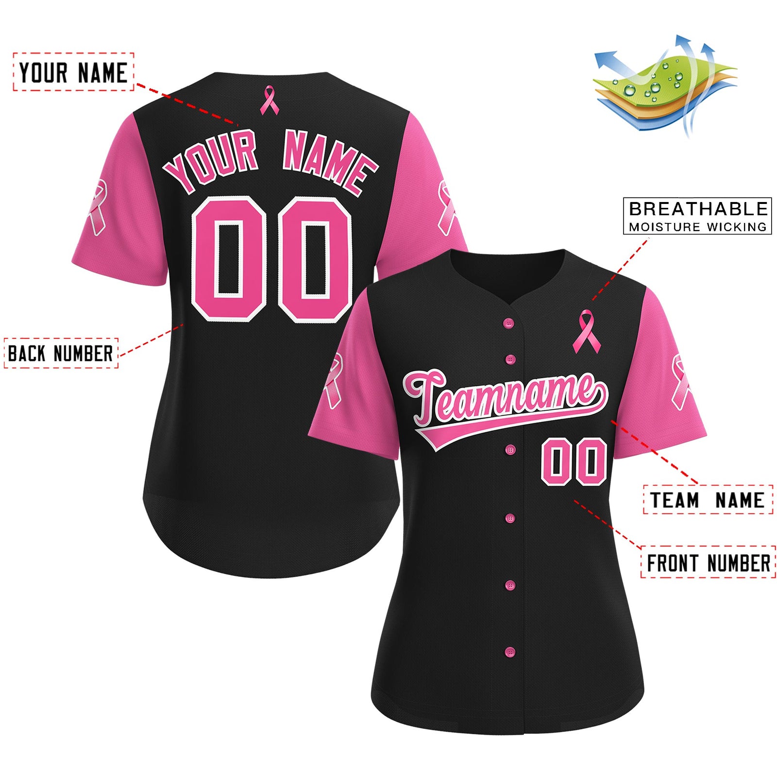 Custom Black Pink Breast Cancer Awareness Month Pink Ribbon Authentic Baseball Jersey for Women| KXKSHOP