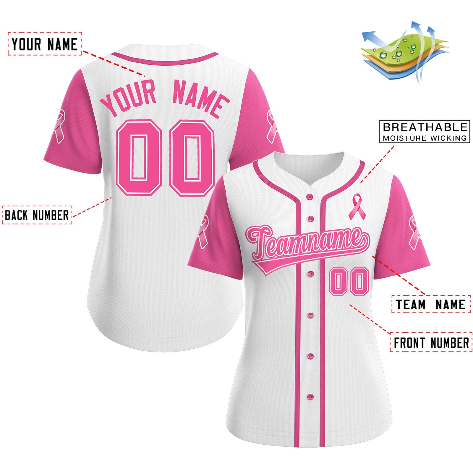 Custom White Pink Breast Cancer Awareness Month Pink Ribbon Authentic Baseball Jersey for Women| KXKSHOP