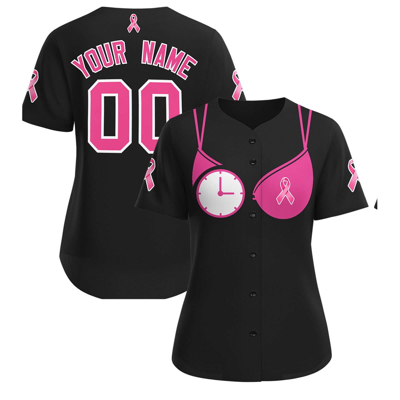 Custom Black Pink Breast Cancer Awareness Month Pink Ribbon Authentic Baseball Jersey for Women| KXKSHOP