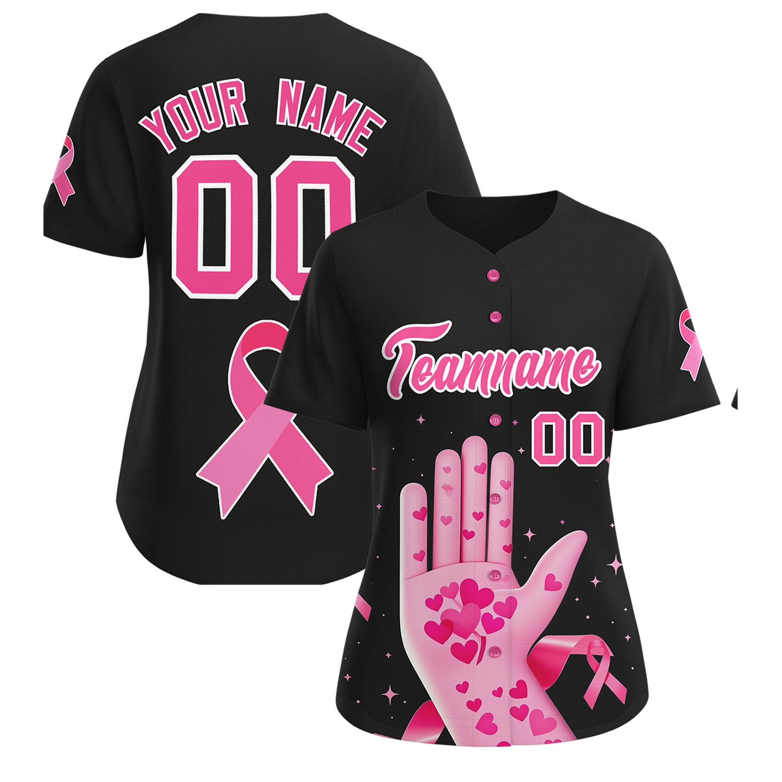 Custom Black Pink Breast Cancer Awareness Month Pink Ribbon Authentic Baseball Jersey for Women