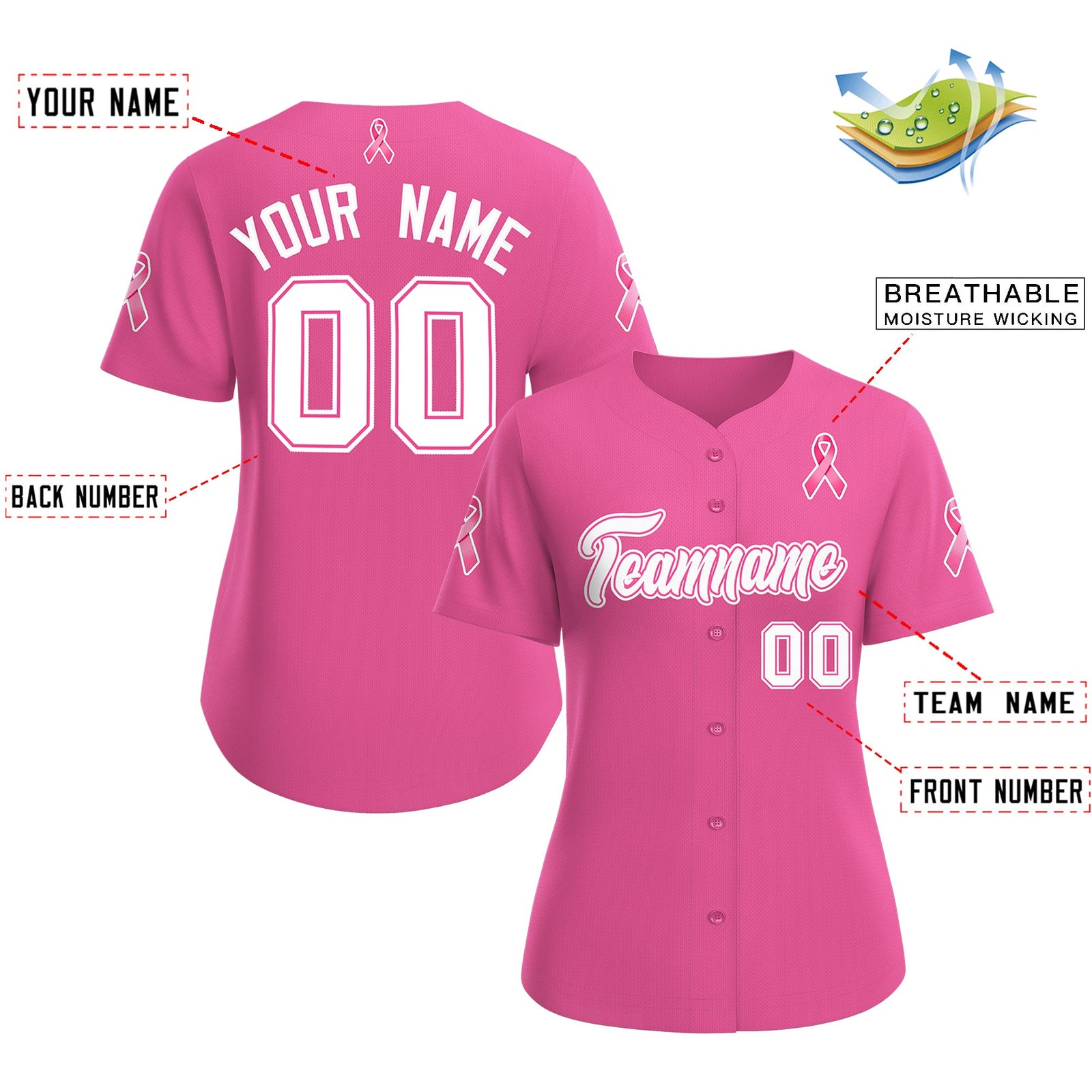 Custom Pink White Breast Cancer Awareness Month Pink Ribbon Authentic Baseball Jersey for Women