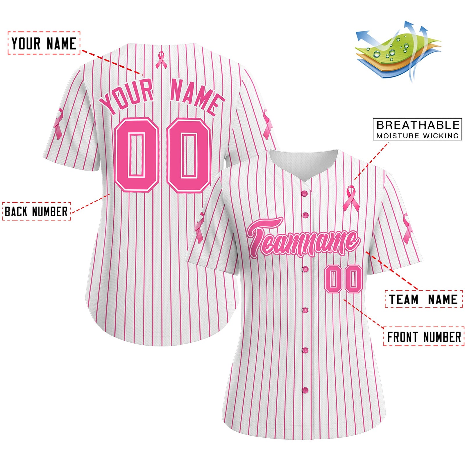 Custom White Pink Breast Cancer Awareness Month Pink Ribbon Authentic Baseball Jersey for Women