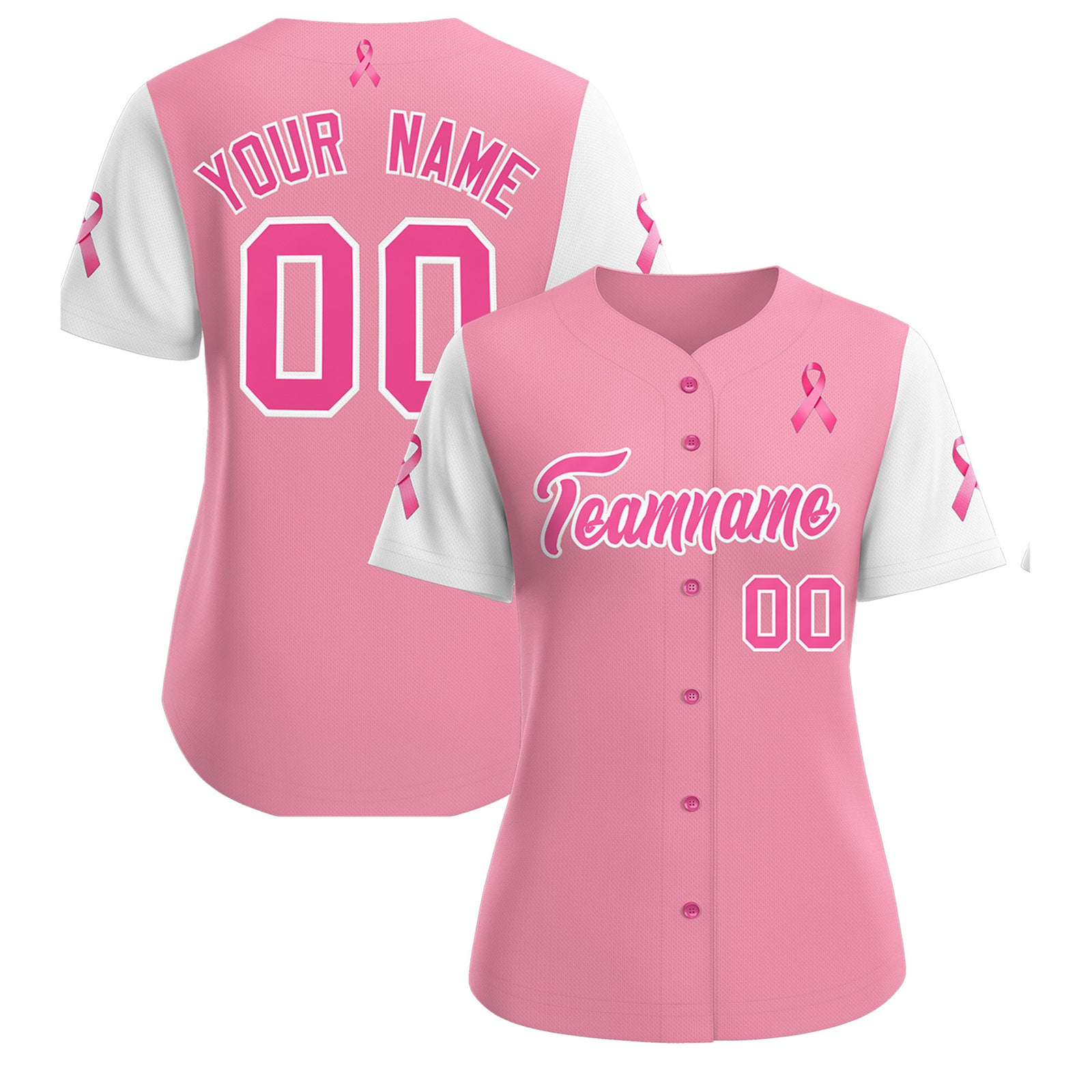 Custom Light Pink White Breast Cancer Awareness Month Pink Ribbon Authentic Baseball Jersey for Women