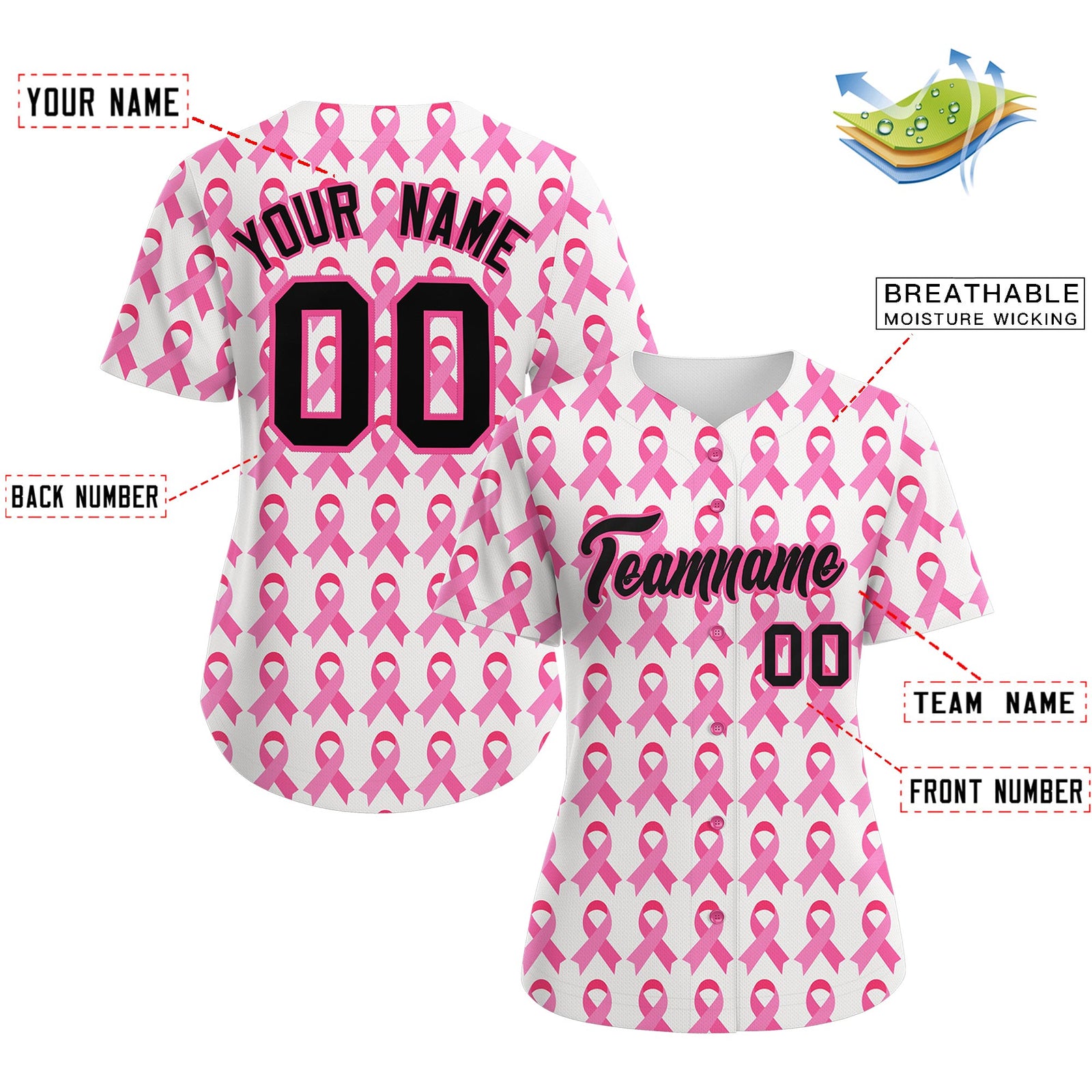 Custom White Black Breast Cancer Awareness Month Pink Ribbon Authentic Baseball Jersey for Women