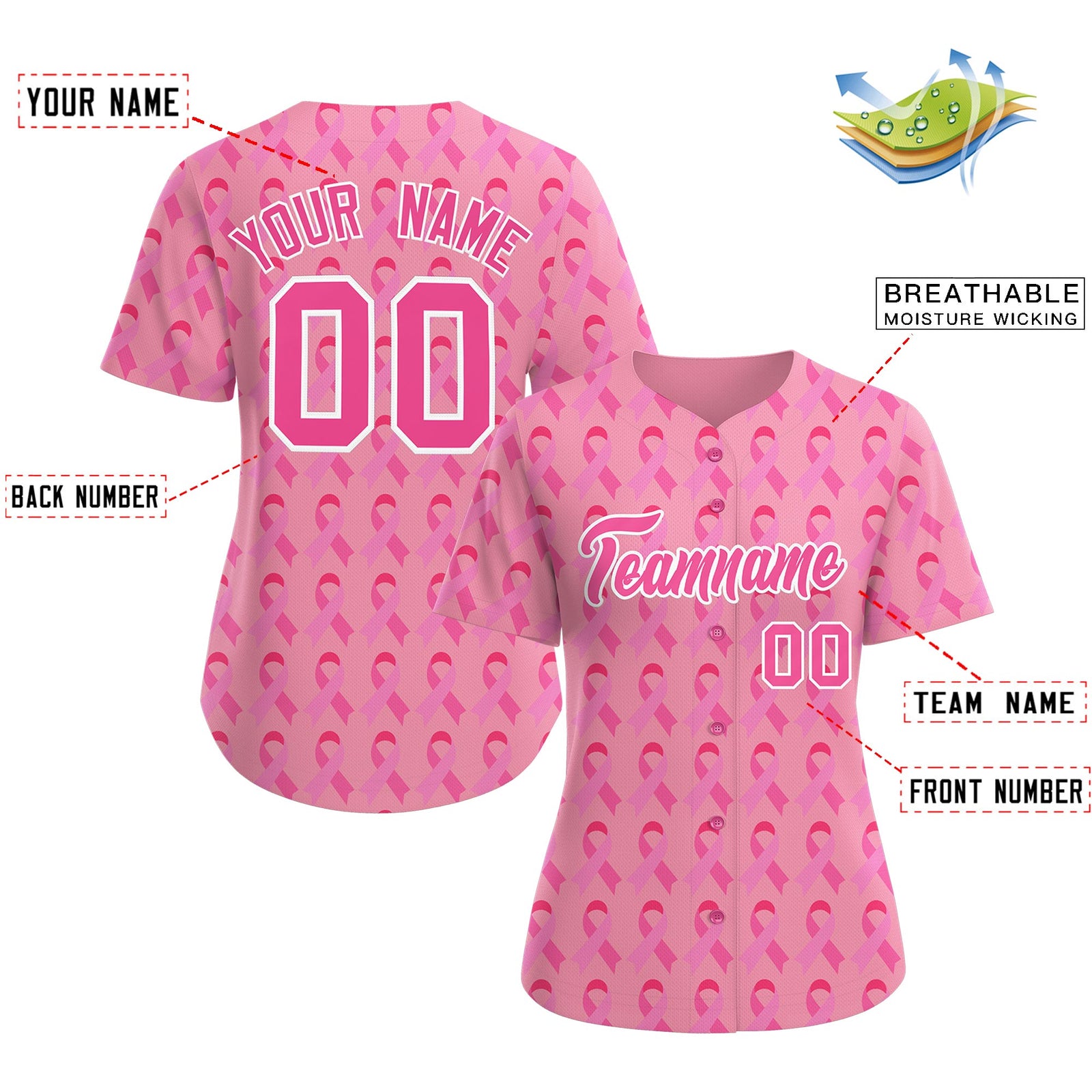 Custom Light Pink Pink Breast Cancer Awareness Month Pink Ribbon Authentic Baseball Jersey for Women