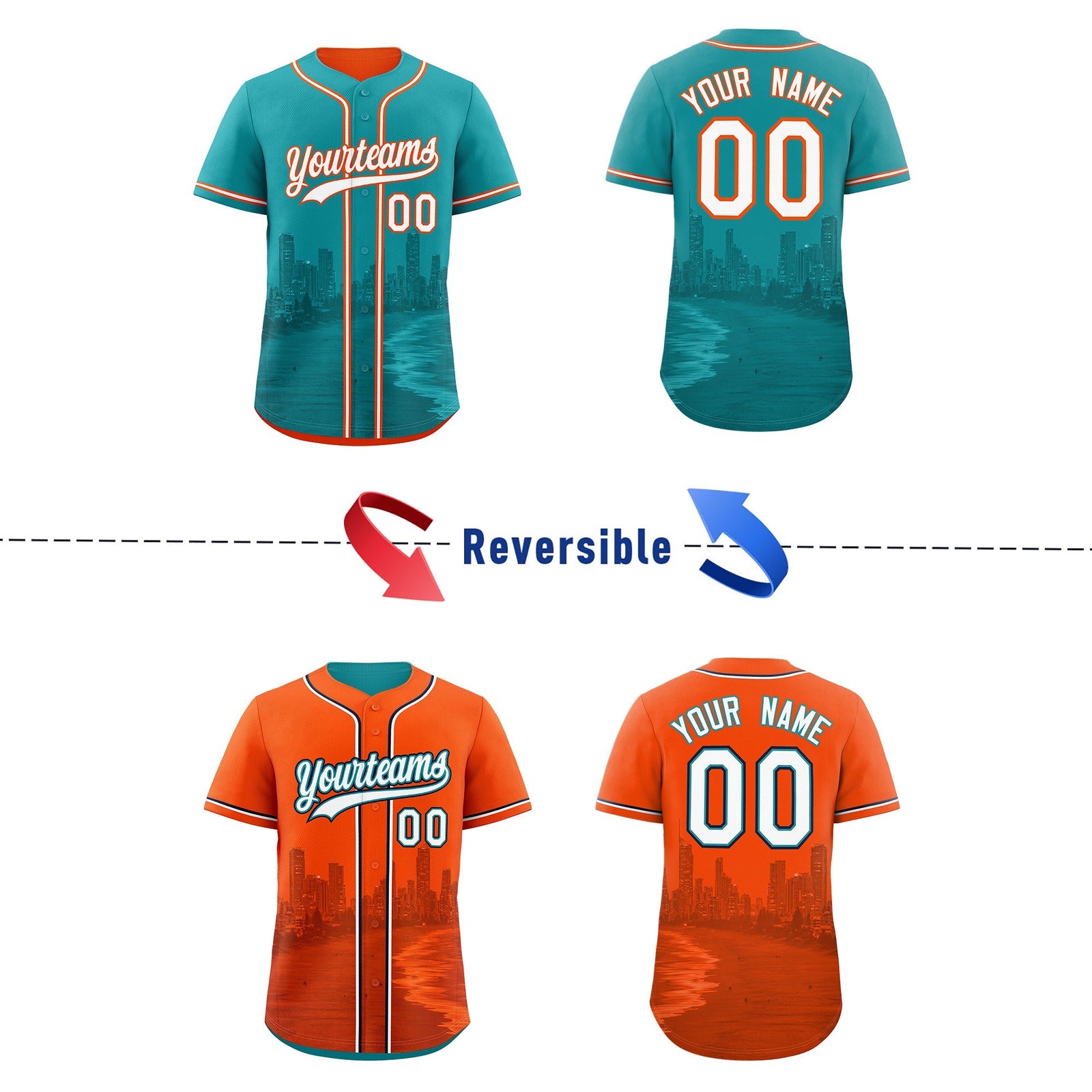 Custom Teal Orange Reversible City Edition Graffiti Pattern Stretch Fabric Baseball Jersey| KXKSHOP